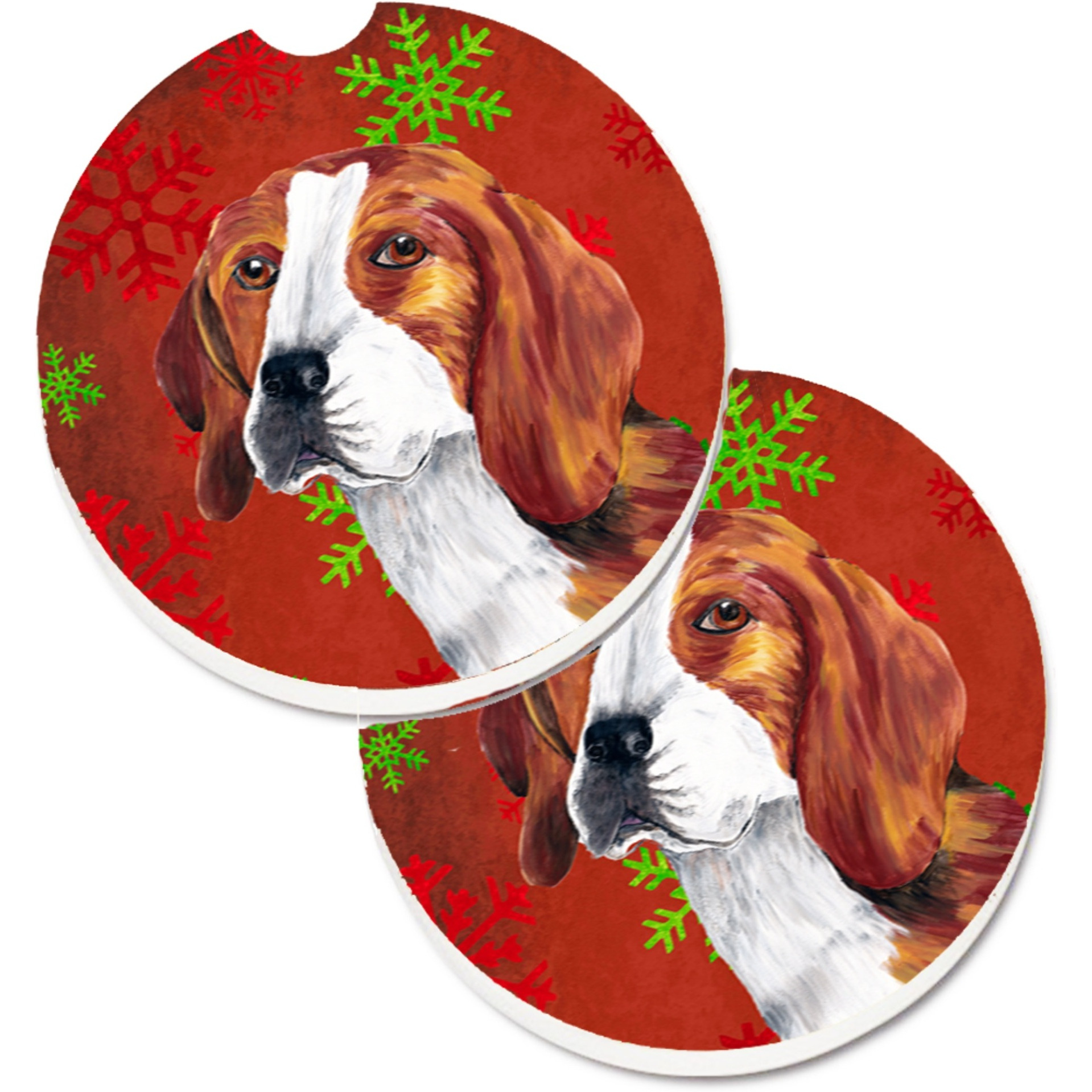 &quotCaroline's Treasures Beagle Red & green Snowflakes Holiday Christmas Set of 2 Cup Holder Car Coasters SC9409CARC, 2.56, Multicolor"