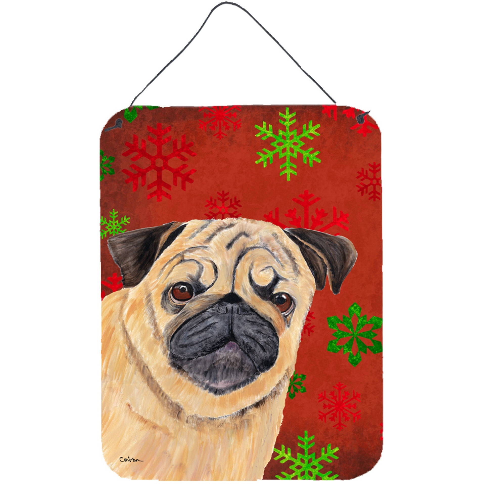 &quotCaroline's Treasures Pug Red and Green Snowflakes Holiday Christmas Metal Wall Door Hanging Prints, 16"" x 12"", Multicolor"
