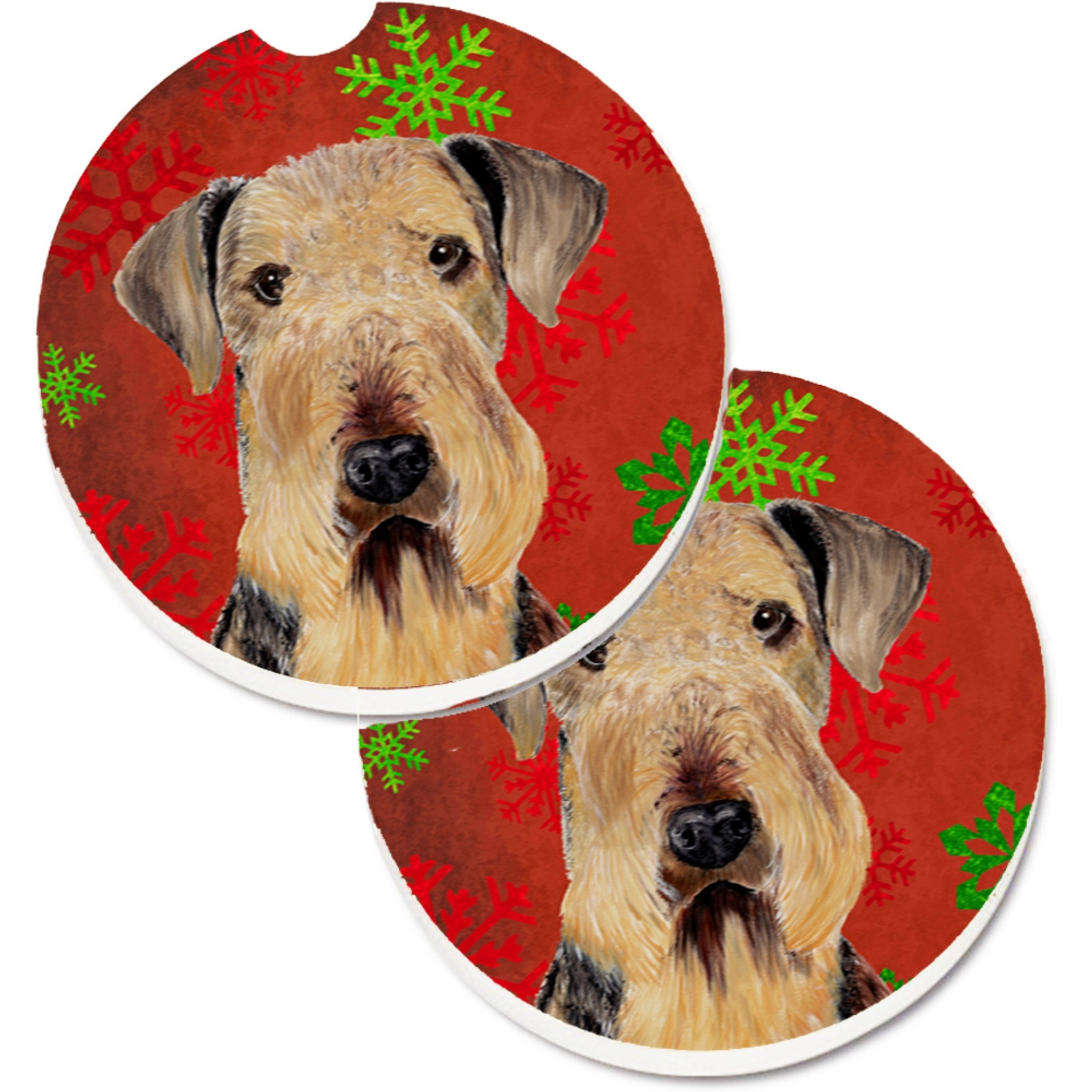 &quotCaroline's Treasures Airedale Red & green Snowflakes Holiday Christmas Set of 2 Cup Holder Car Coasters SC9413CARC, 2.56, Multicolor"