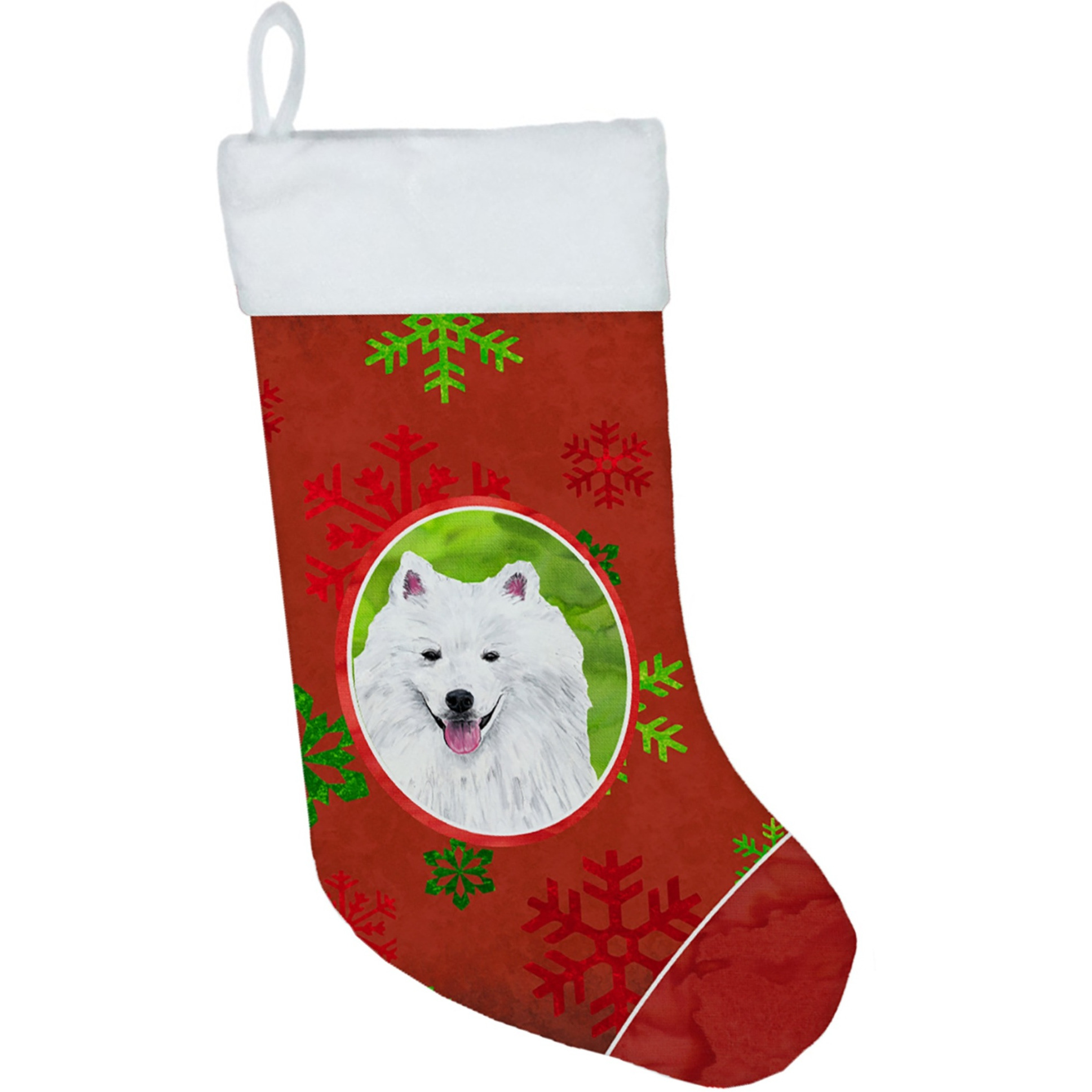 &quotCaroline's Treasures American Eskimo Red and Green Snowflakes Holiday Christmas Stocking, 11 x 18"", Multicolor"