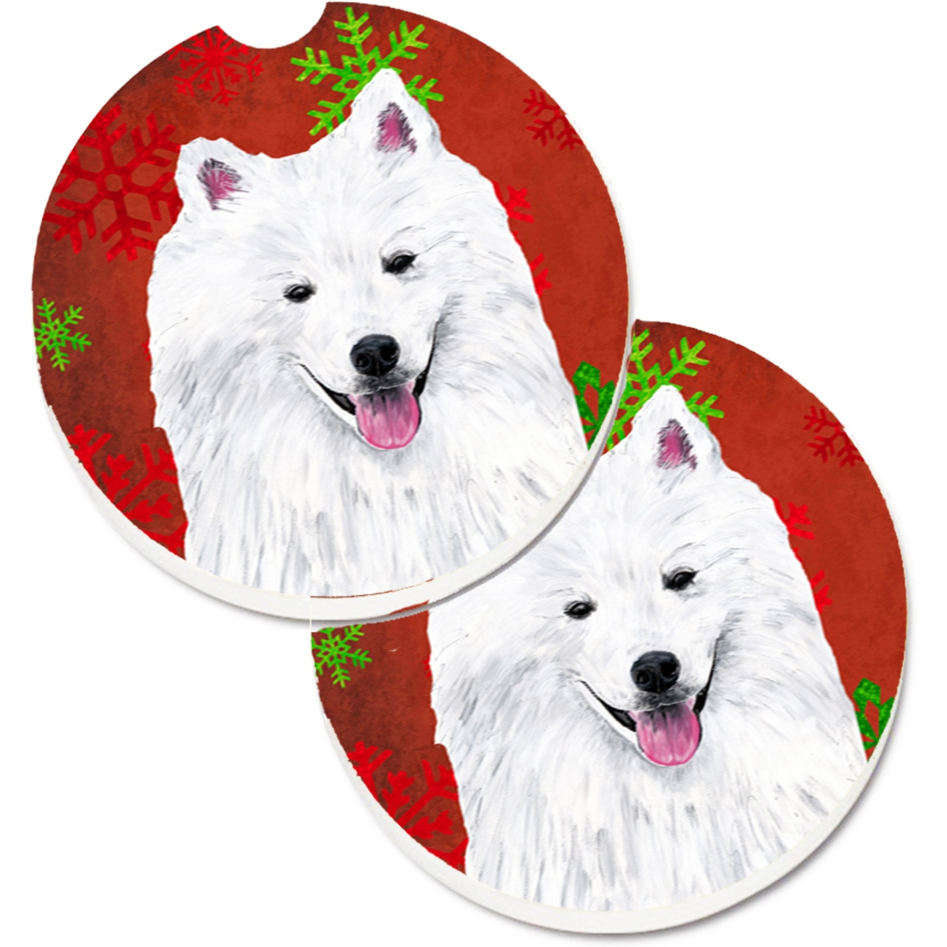 &quotCaroline's Treasures American Eskimo Red & green Snowflakes Holiday Christmas Set of 2 Cup Holder Car Coasters SC9419CARC, 2.56, Multicolor"