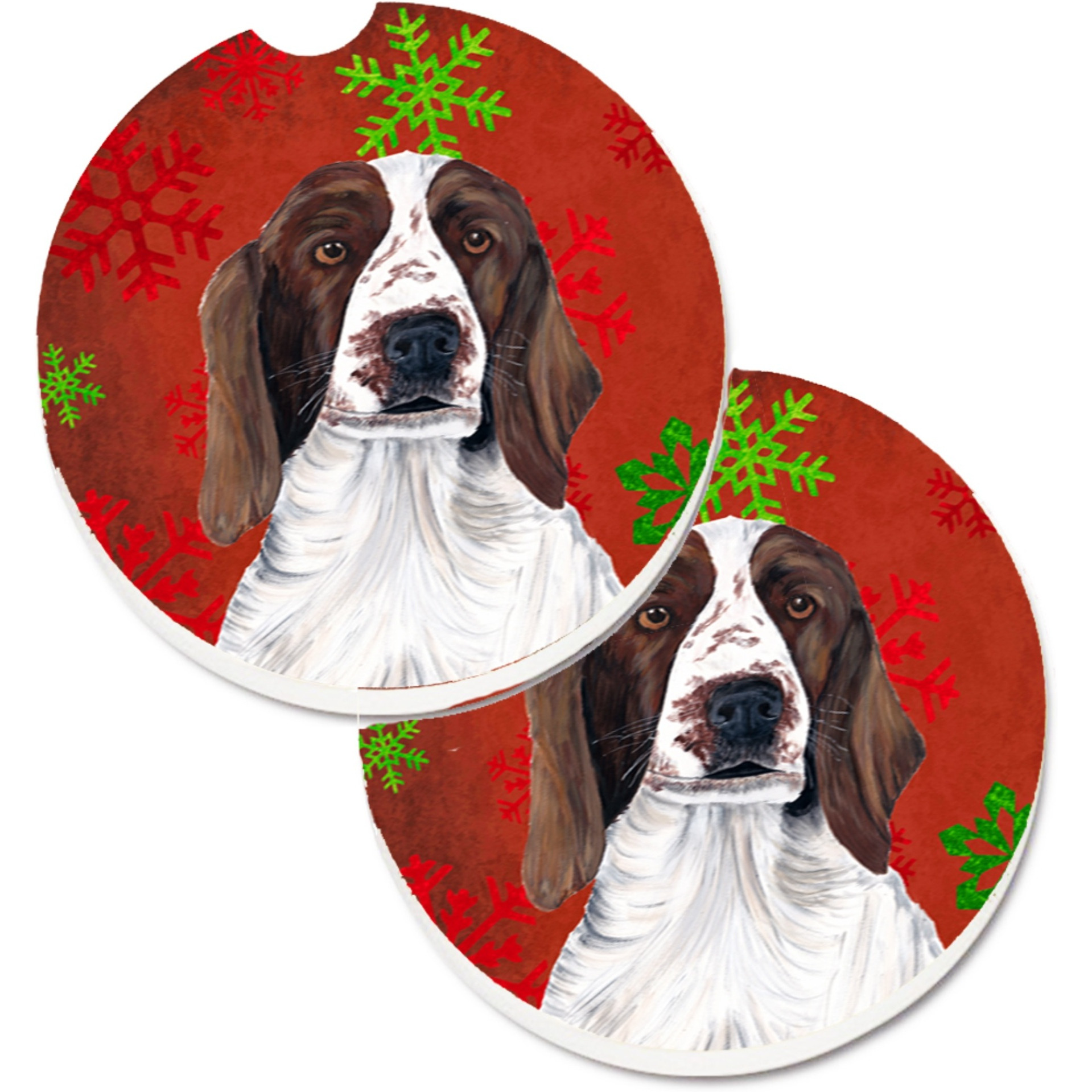 &quotCaroline's Treasures Welsh Springer Spaniel Red green Snowflakes Holiday Christmas Set of 2 Cup Holder Car Coasters SC9420CARC, 2.56, Multicolor"