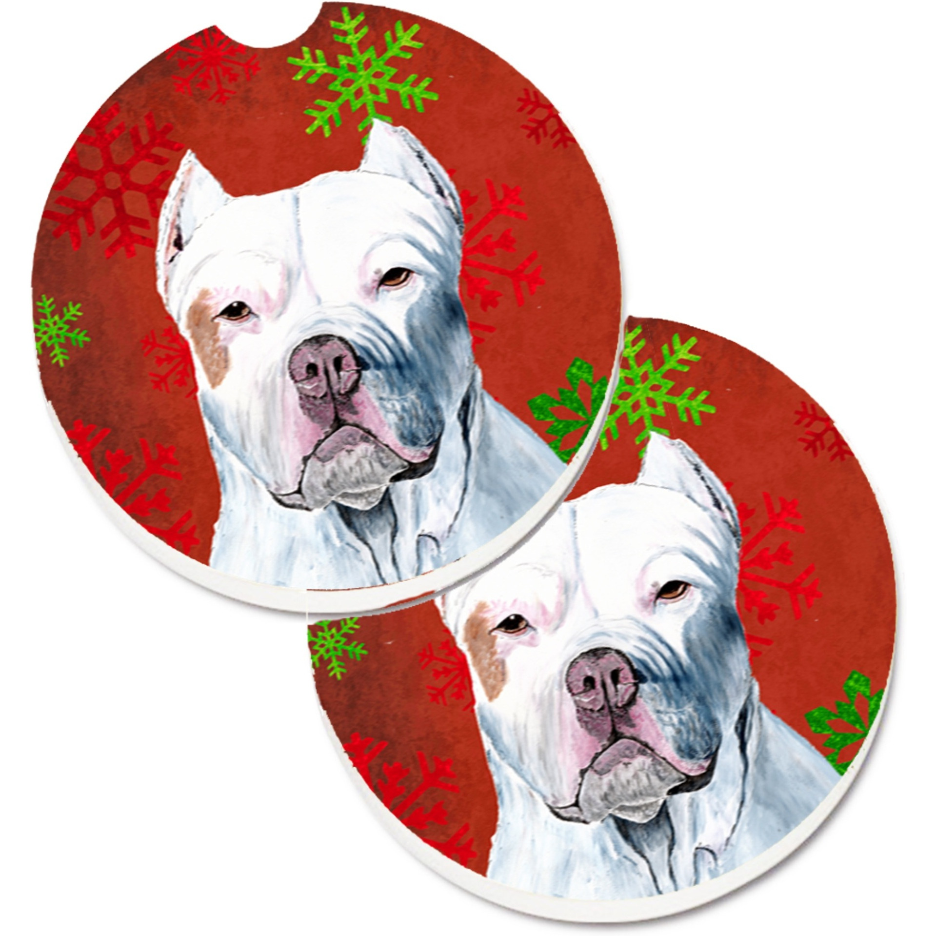&quotCaroline's Treasures Pit Bull Red & green Snowflakes Holiday Christmas Set of 2 Cup Holder Car Coasters SC9421CARC, 2.56, Multicolor"