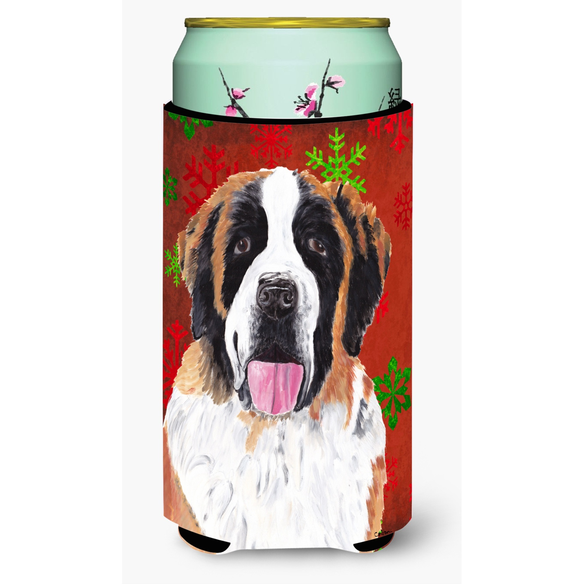 Saint Bernard Red Green Snowflake Christmas  Tall Boy Beverage Insulator Beverage Insulator Hugger