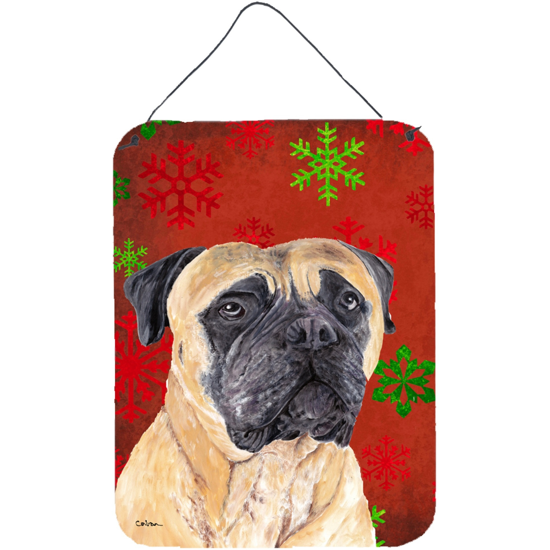 &quotCaroline's Treasures SC9425DS1216 Mastiff Red and Green Snowflakes Holiday Christmas Wall or Door Hanging Prints, 16"" x 12"", Multicolor"
