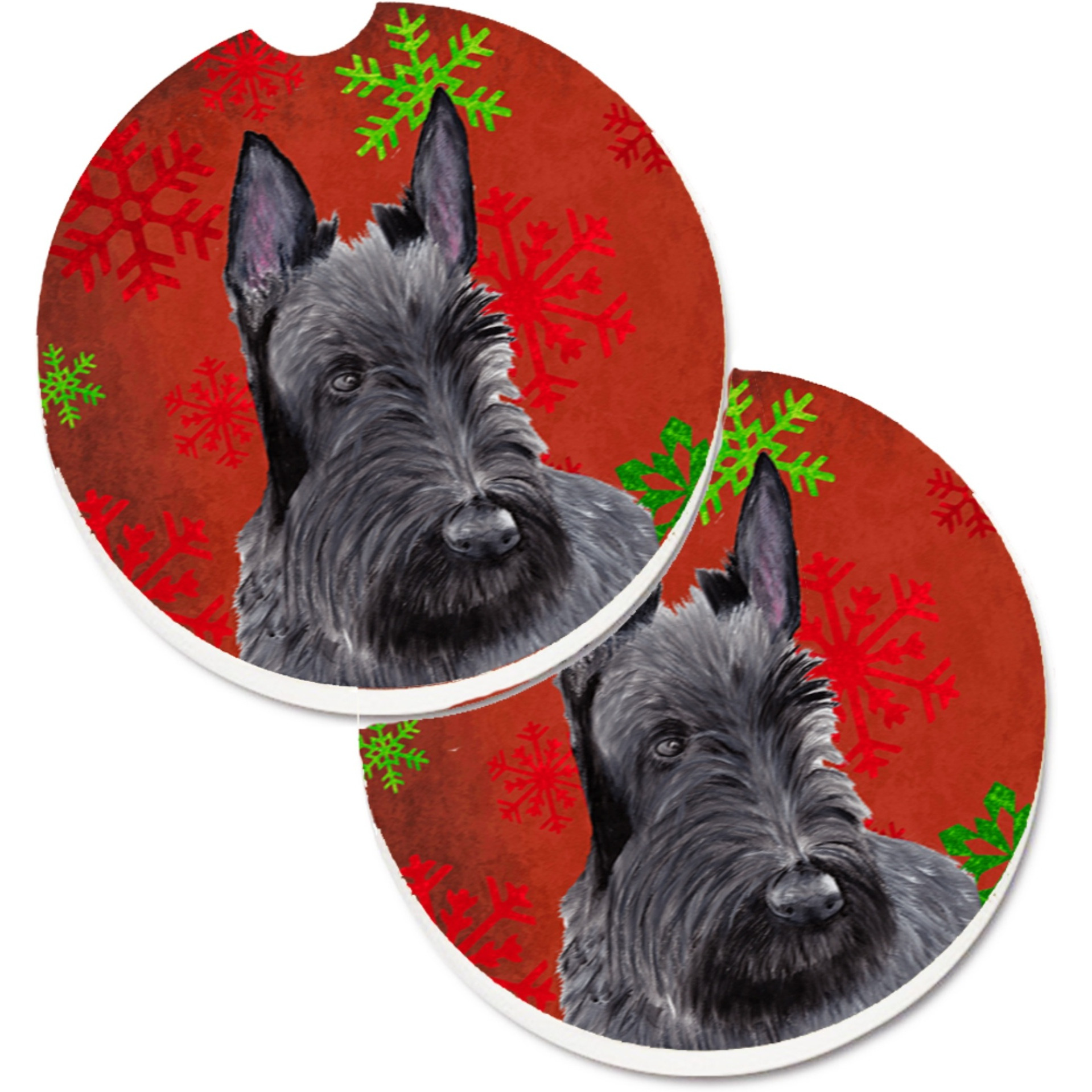 &quotCaroline's Treasures Scottish Terrier Red & green Snowflakes Holiday Christmas Set of 2 Cup Holder Car Coasters SC9426CARC, 2.56, Multicolor"