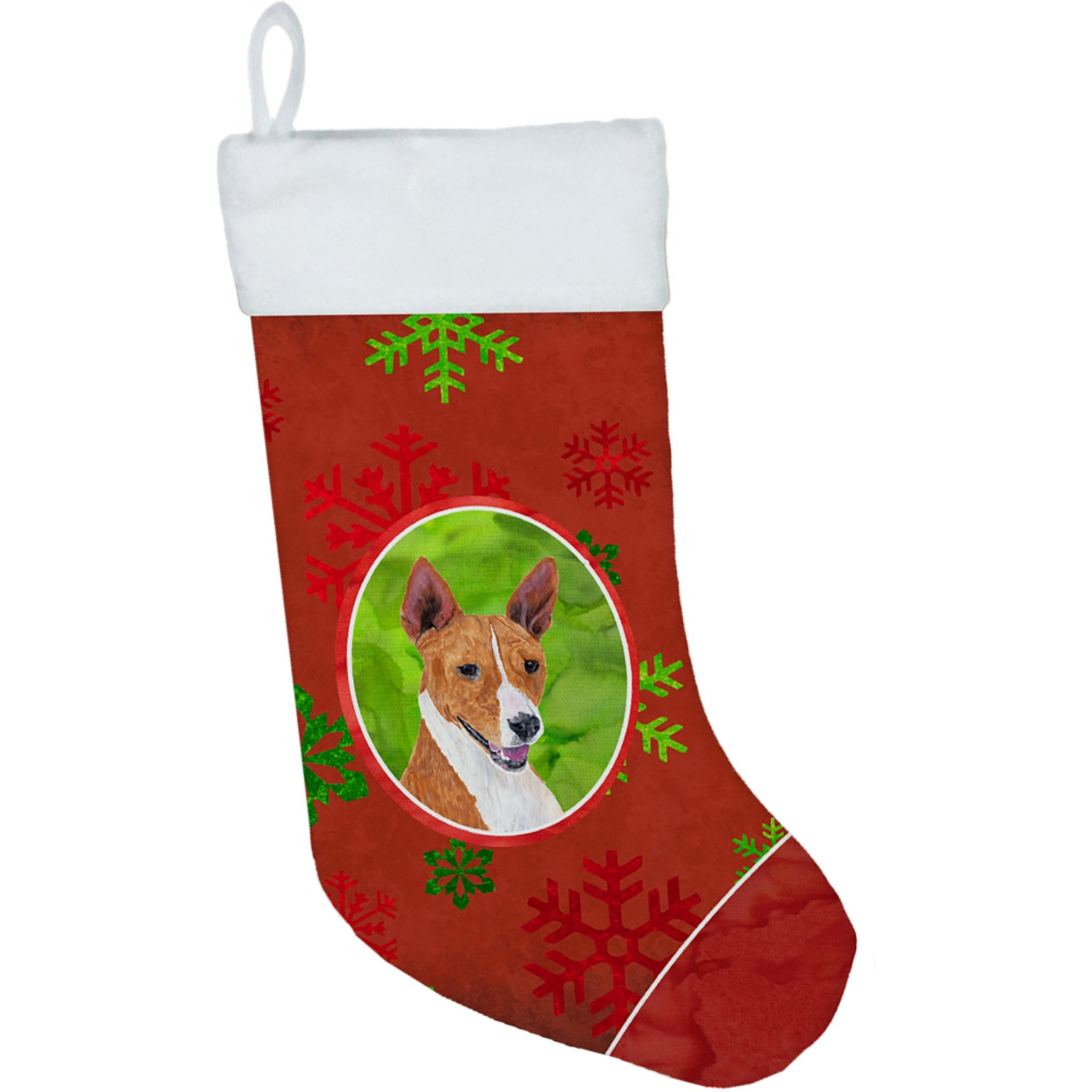 &quotCaroline's Treasures Basenji Red and Green Snowflakes Holiday Christmas Stocking, 11 x 18"", Multicolor"