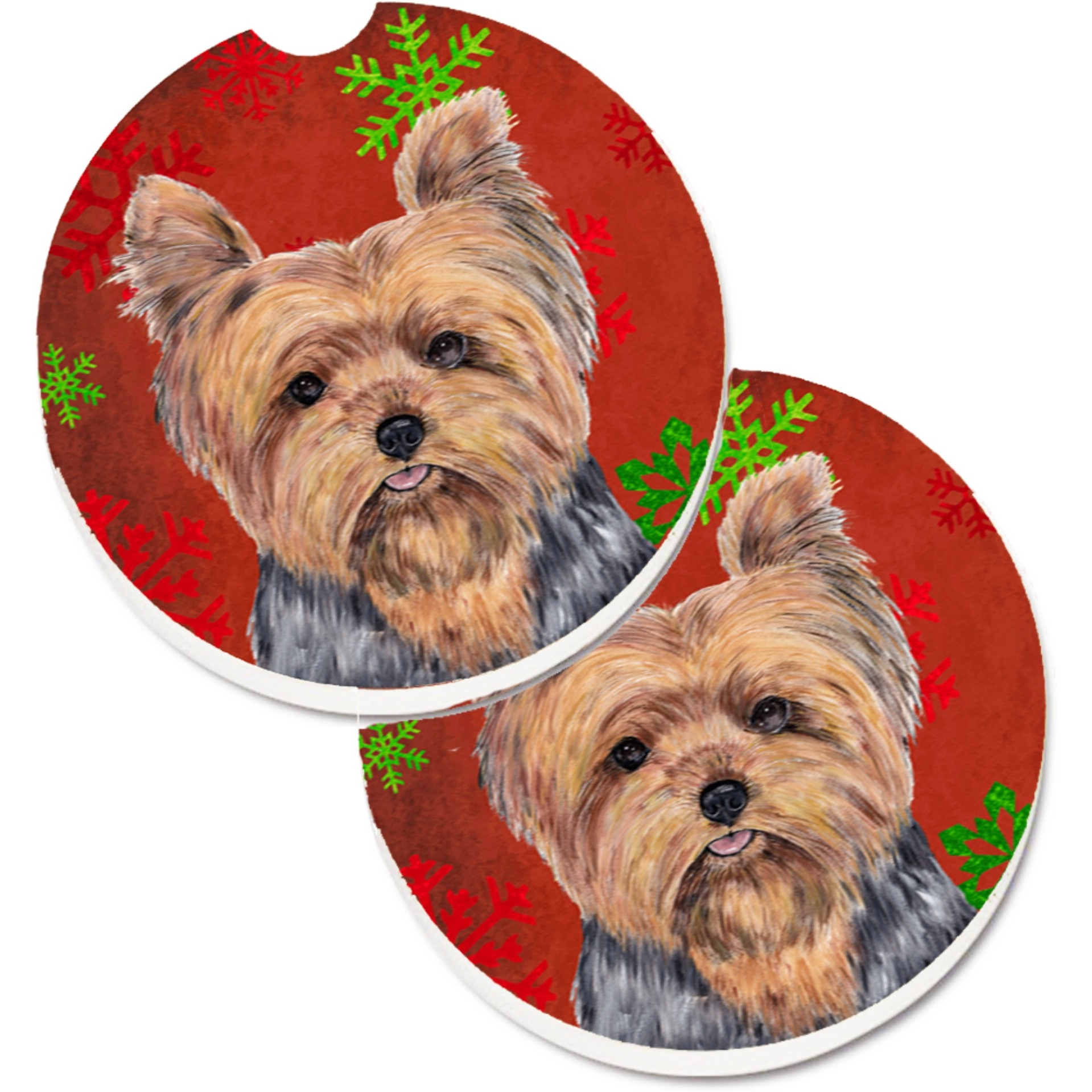&quotCaroline's Treasures Yorkie Red & green Snowflakes Holiday Christmas Set of 2 Cup Holder Car Coasters SC9428CARC, 2.56, Multicolor"