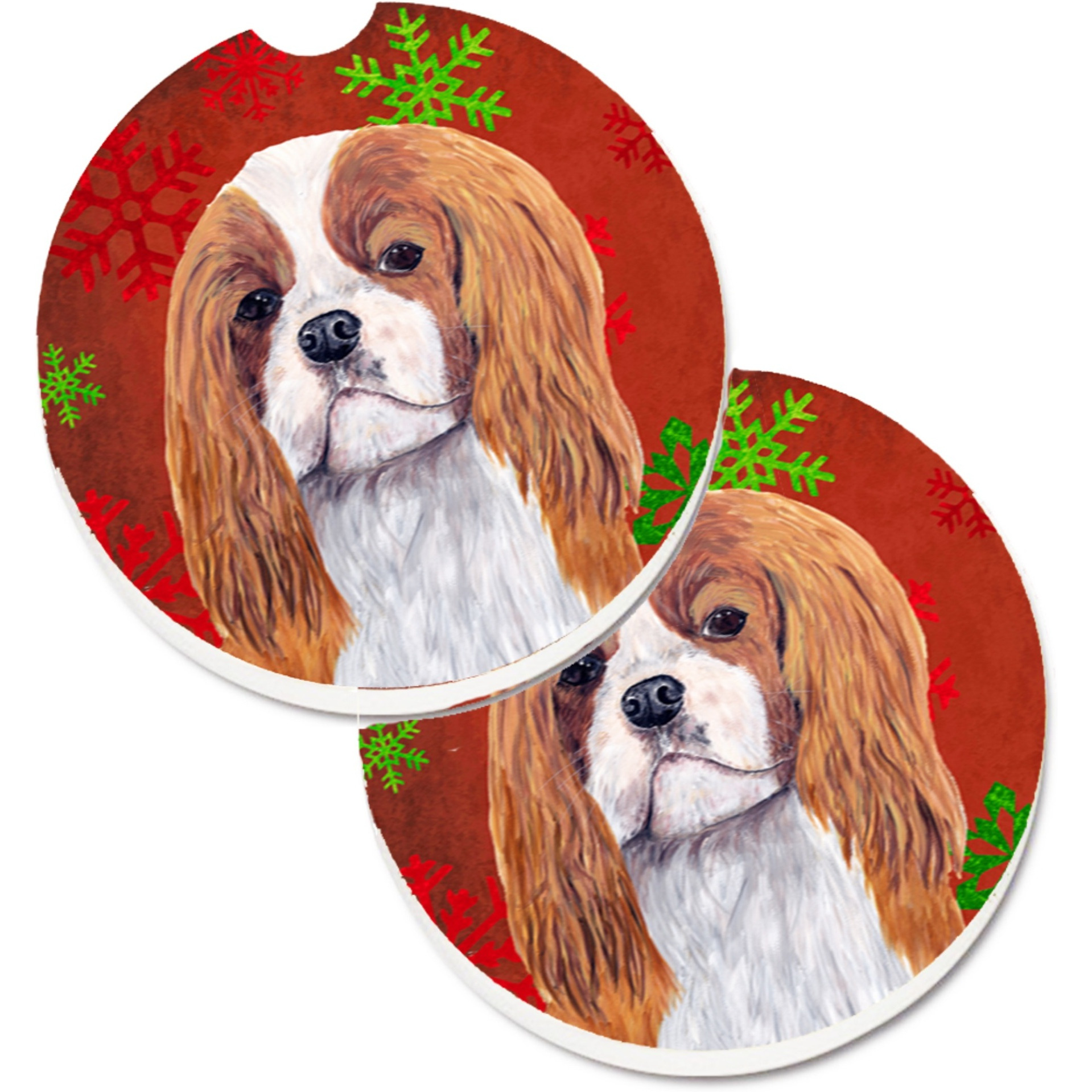 &quotCaroline's Treasures Cavalier Spaniel Red & green Snowflakes Holiday Christmas Set of 2 Cup Holder Car Coasters SC9434CARC, 2.56, Multicolor"