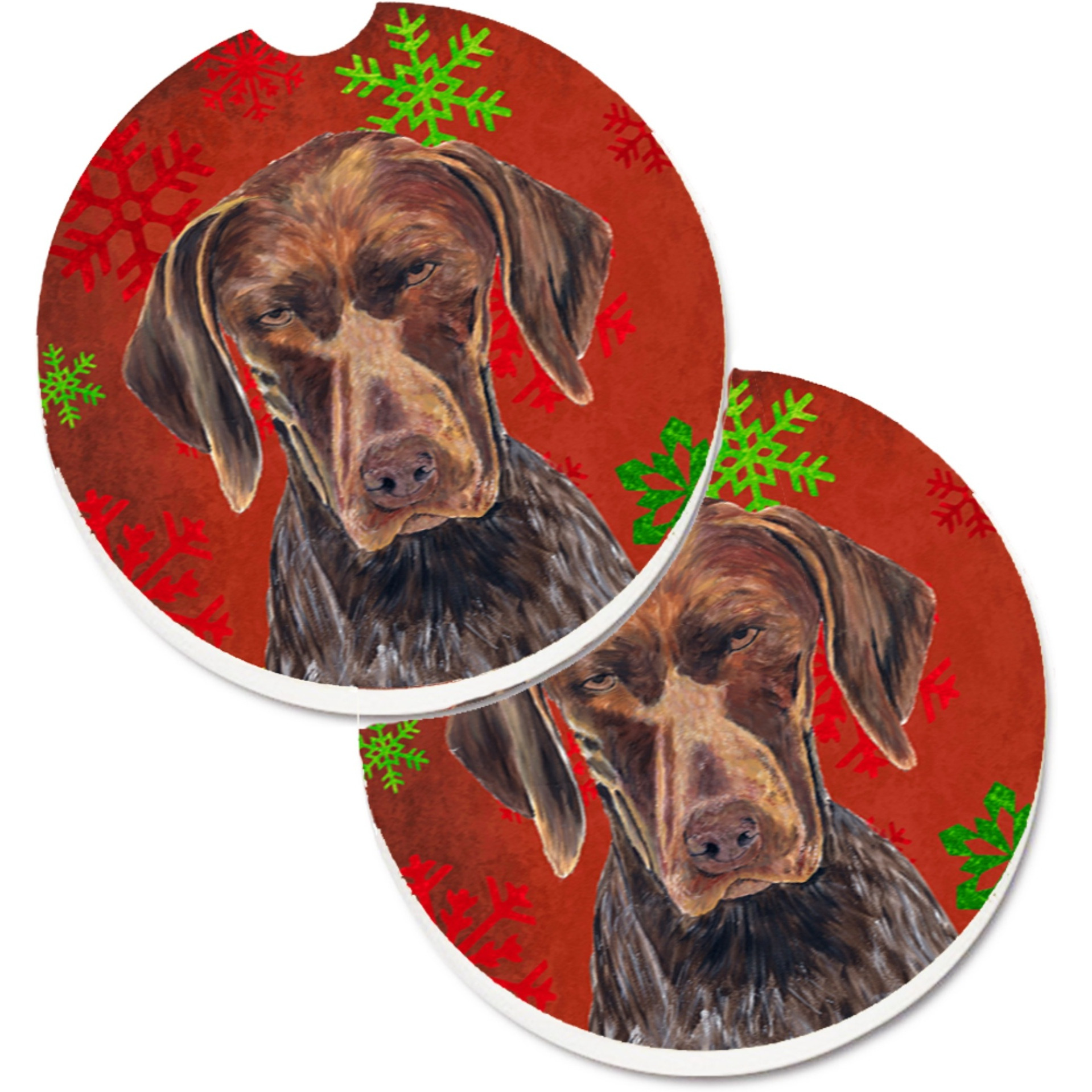 &quotCaroline's Treasures German Shorthaired Pointer Red Snowflakes Holiday Christmas Set of 2 Cup Holder Car Coasters SC9435CARC, 2.56, Multicolor"