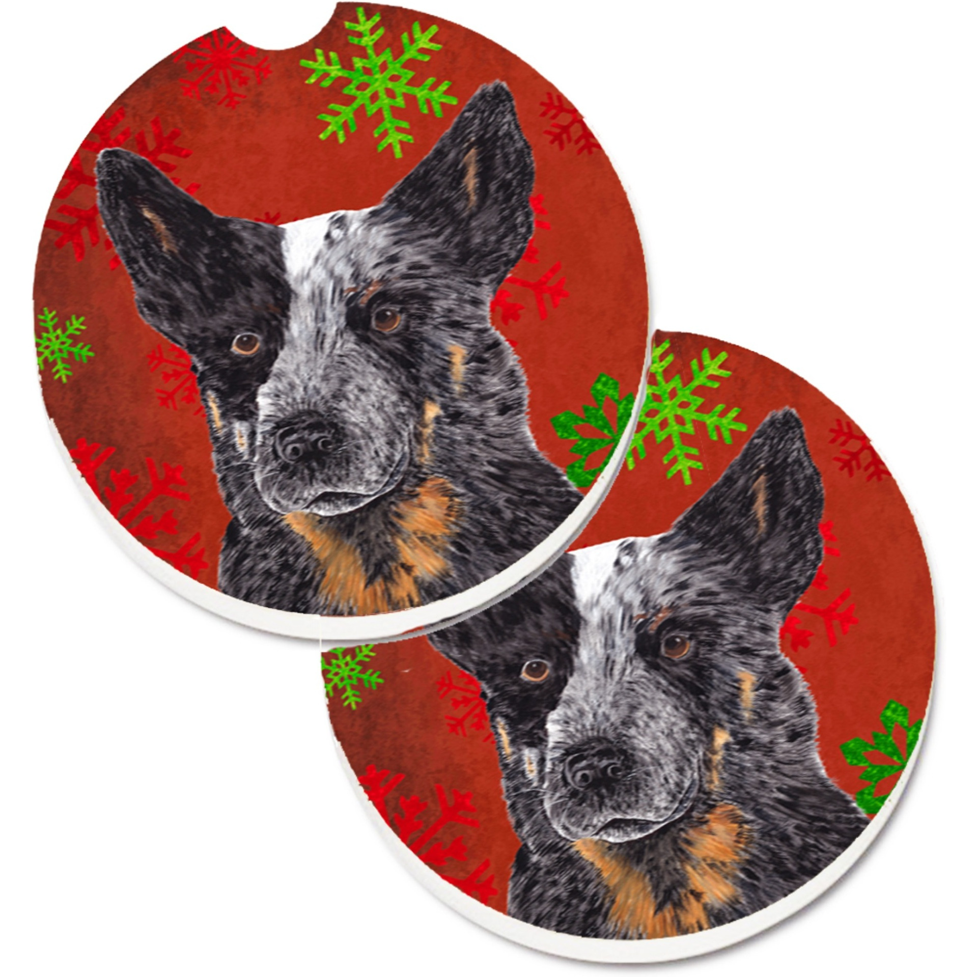 &quotCaroline's Treasures Australian Cattle Dog Red green Snowflakes Christmas Set of 2 Cup Holder Car Coasters SC9436CARC, 2.56, Multicolor"