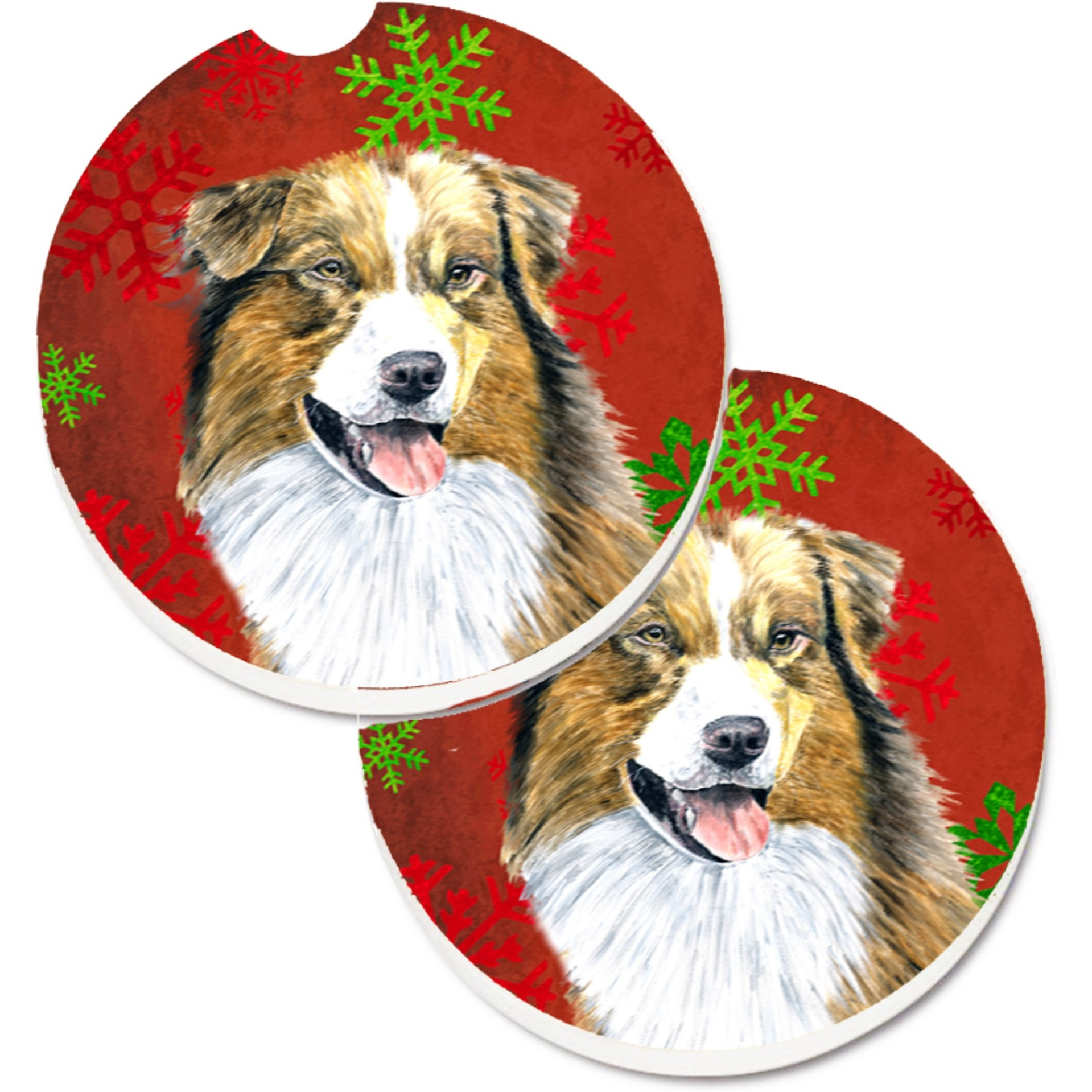 &quotCaroline's Treasures Australian Shepherd Red green Snowflakes Christmas Set of 2 Cup Holder Car Coasters SC9437CARC, 2.56, Multicolor"