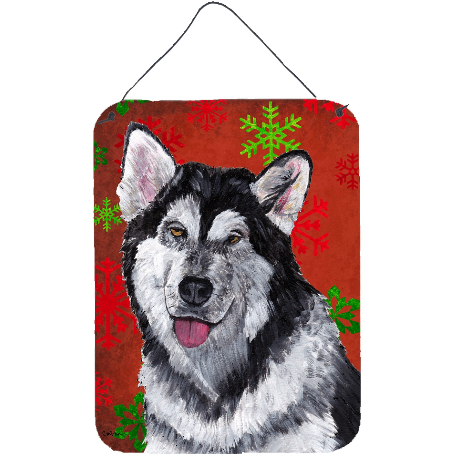 &quotCaroline's Treasures Alaskan Malamute Red Snowflakes Holiday Christmas Wall or Door Hanging Prints, 16"" x 12"""