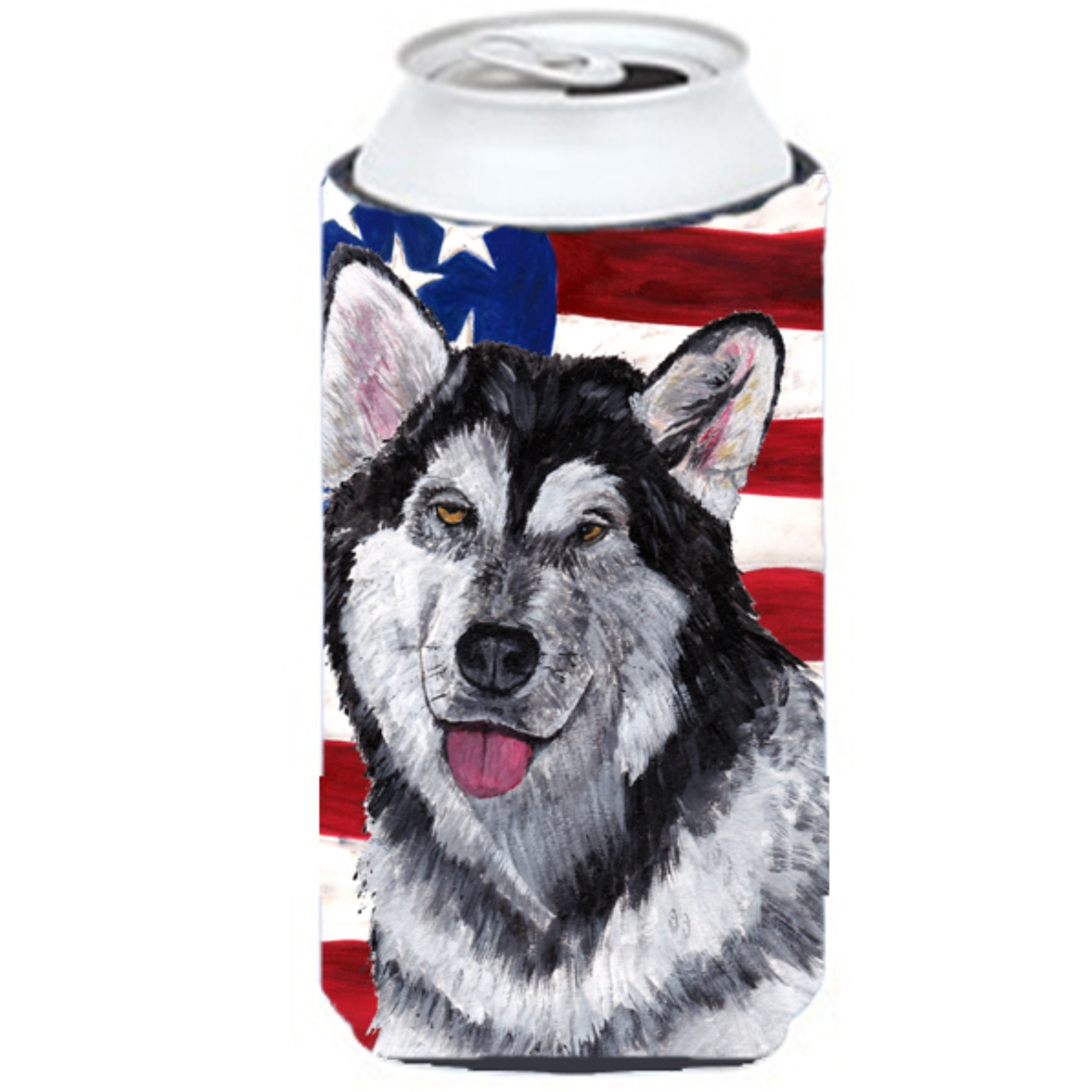 Alaskan Malamute USA Patriotic American Flag Tall Boy Beverage Insulator Hugger SC9497TBC