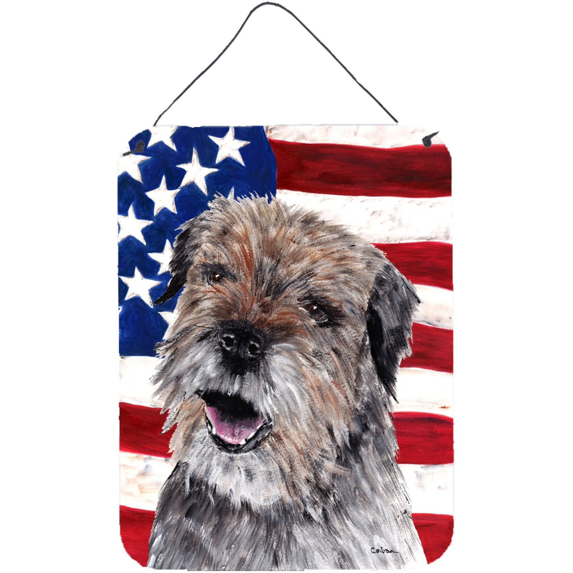 &quotCaroline's Treasures Border Terrier Mix Usa American Flag Wall or Door Hanging Prints, 16"" x 12"""