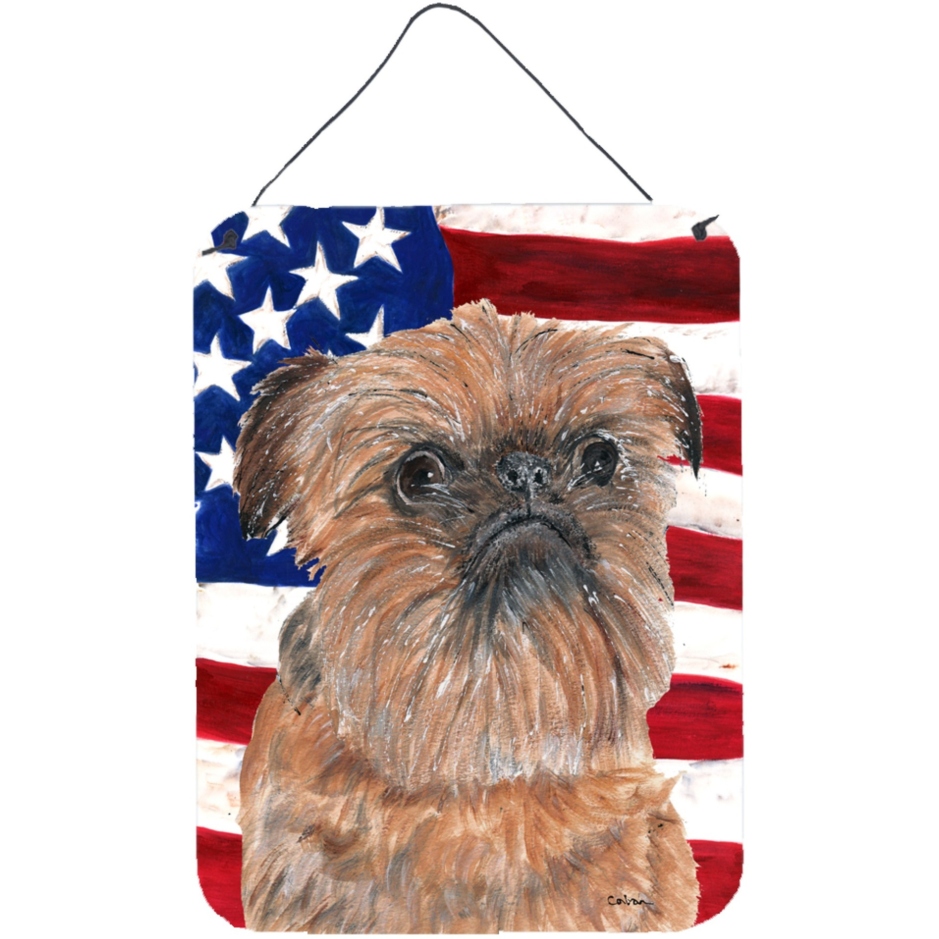 &quotCaroline's Treasures SC9516DS1216 Brussels Griffon Usa American Flag Aluminium Metal Wall or Door Hanging Prints, 16"" x 12"""