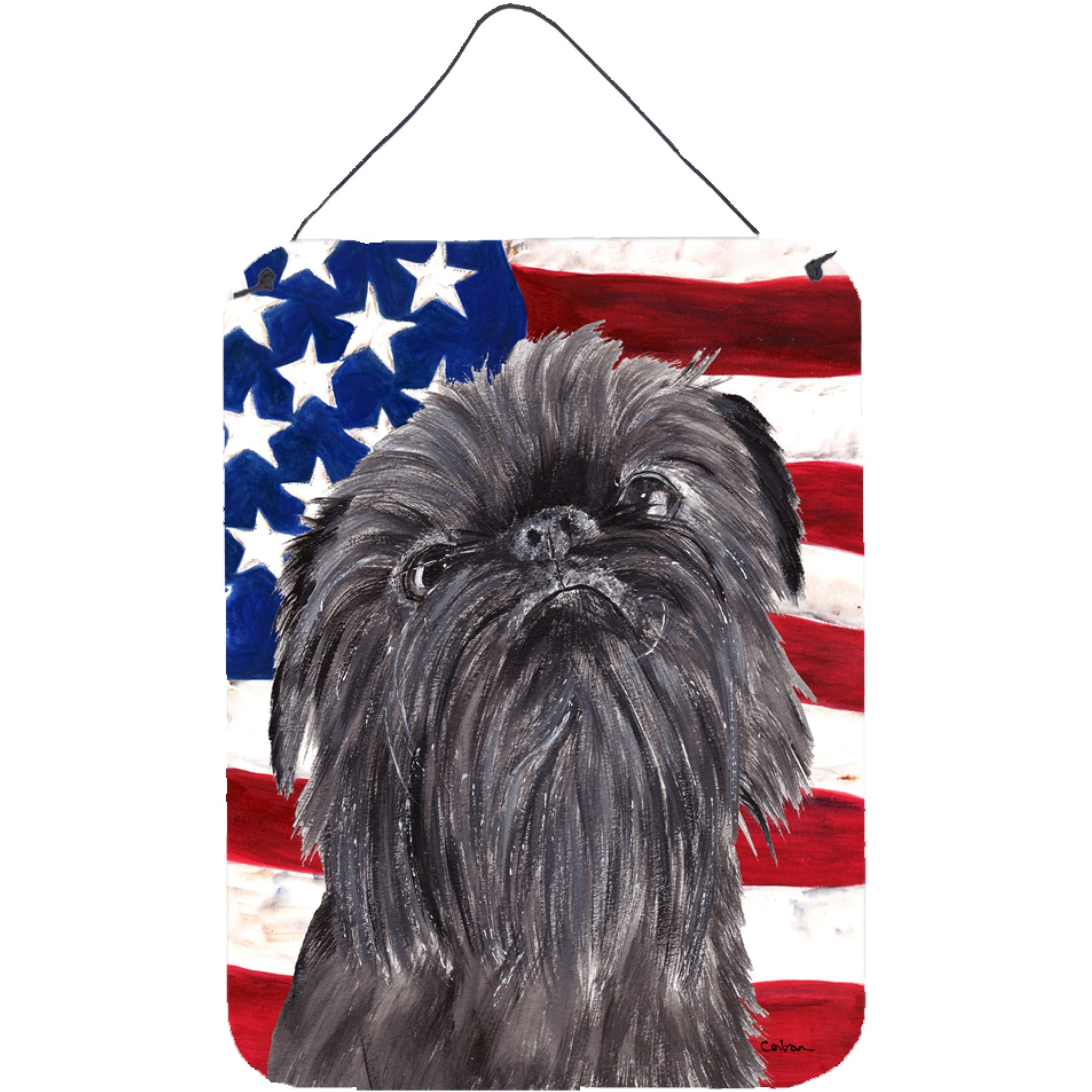 &quotCaroline's Treasures SC9517DS1216 Brussels Griffon Usa American Flag Aluminium Metal Wall or Door Hanging Prints, 16"" x 12"""