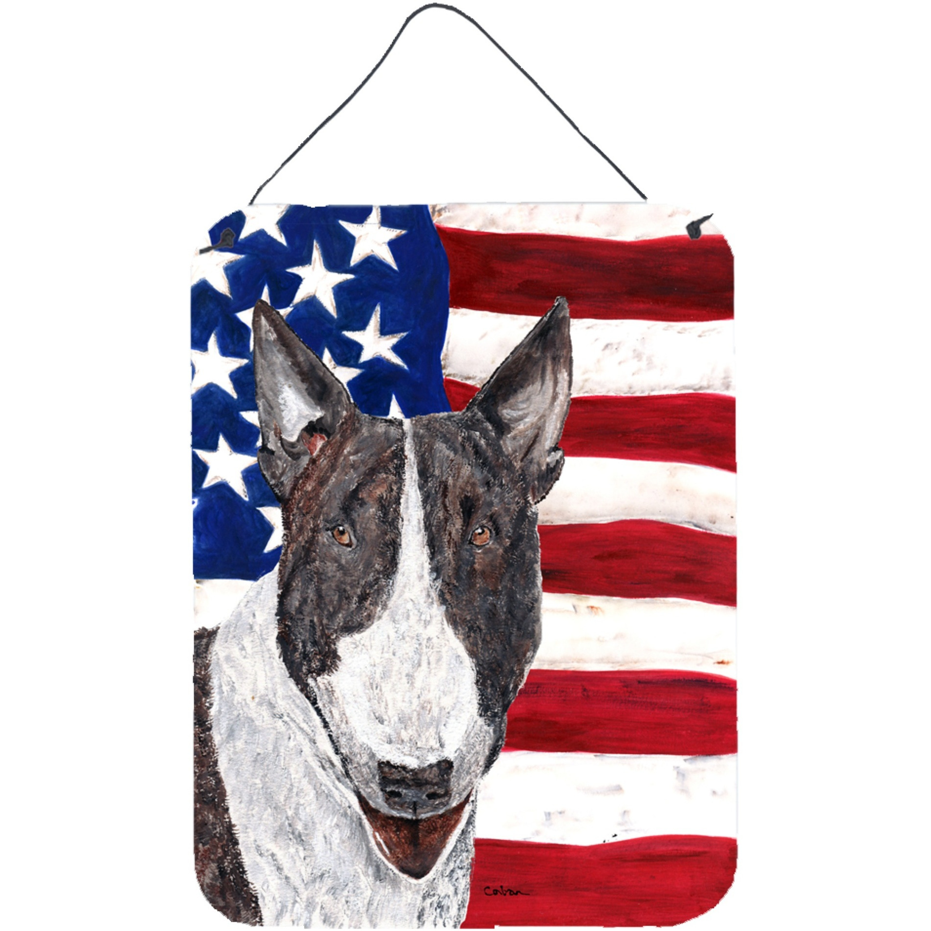 &quotCaroline's Treasures SC9519DS1216 Bull Terrier Usa American Flag Aluminium Metal Wall or Door Hanging Prints, 16"" x 12"""