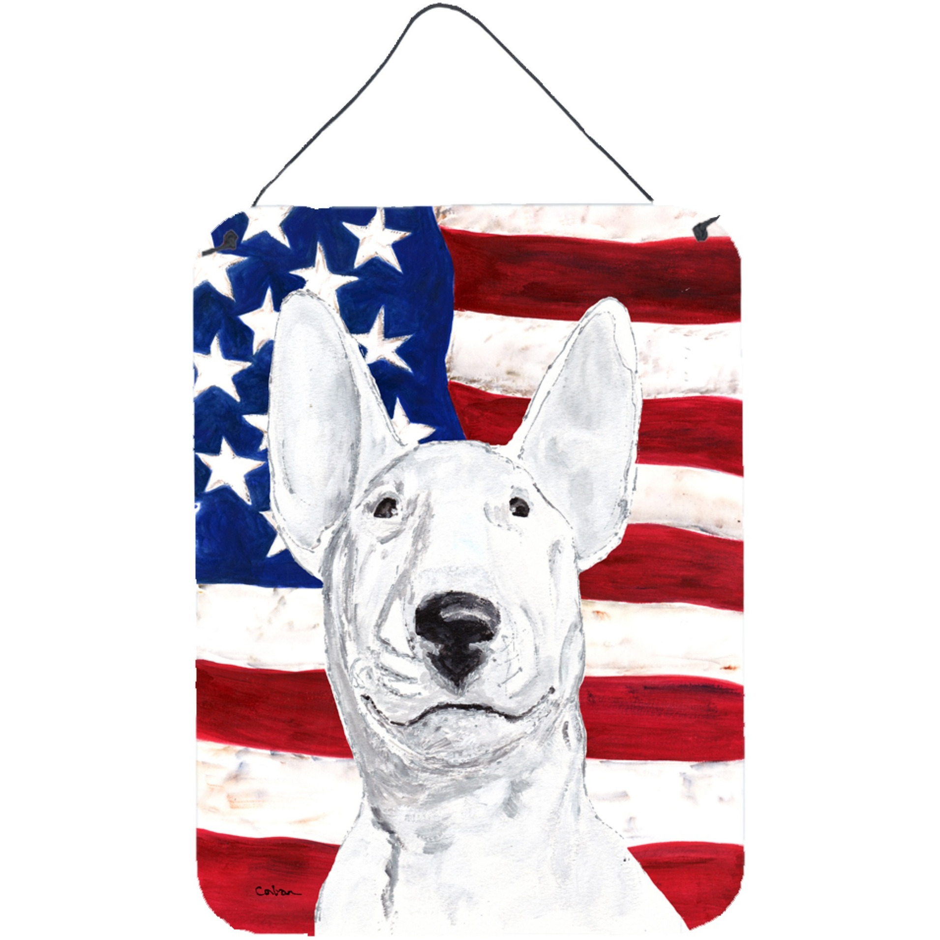 &quotCaroline's Treasures SC9520DS1216 Bull Terrier Usa American Flag Aluminium Metal Wall or Door Hanging Prints, 16"" x 12"""