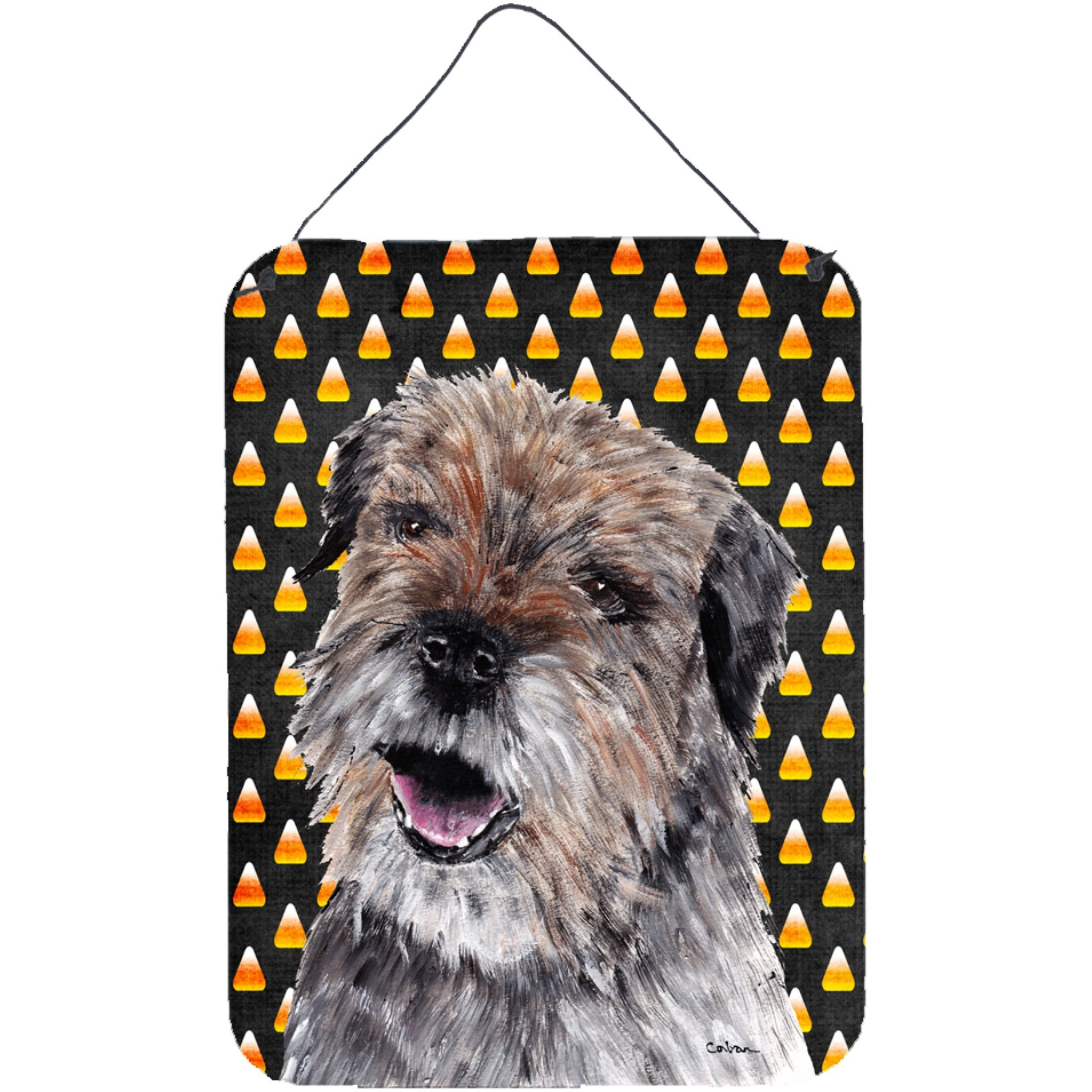 &quotCaroline's Treasures Border Terrier Halloween Candy Corn Aluminium Metal Wall or Door Hanging Prints, 16"" x 12"""