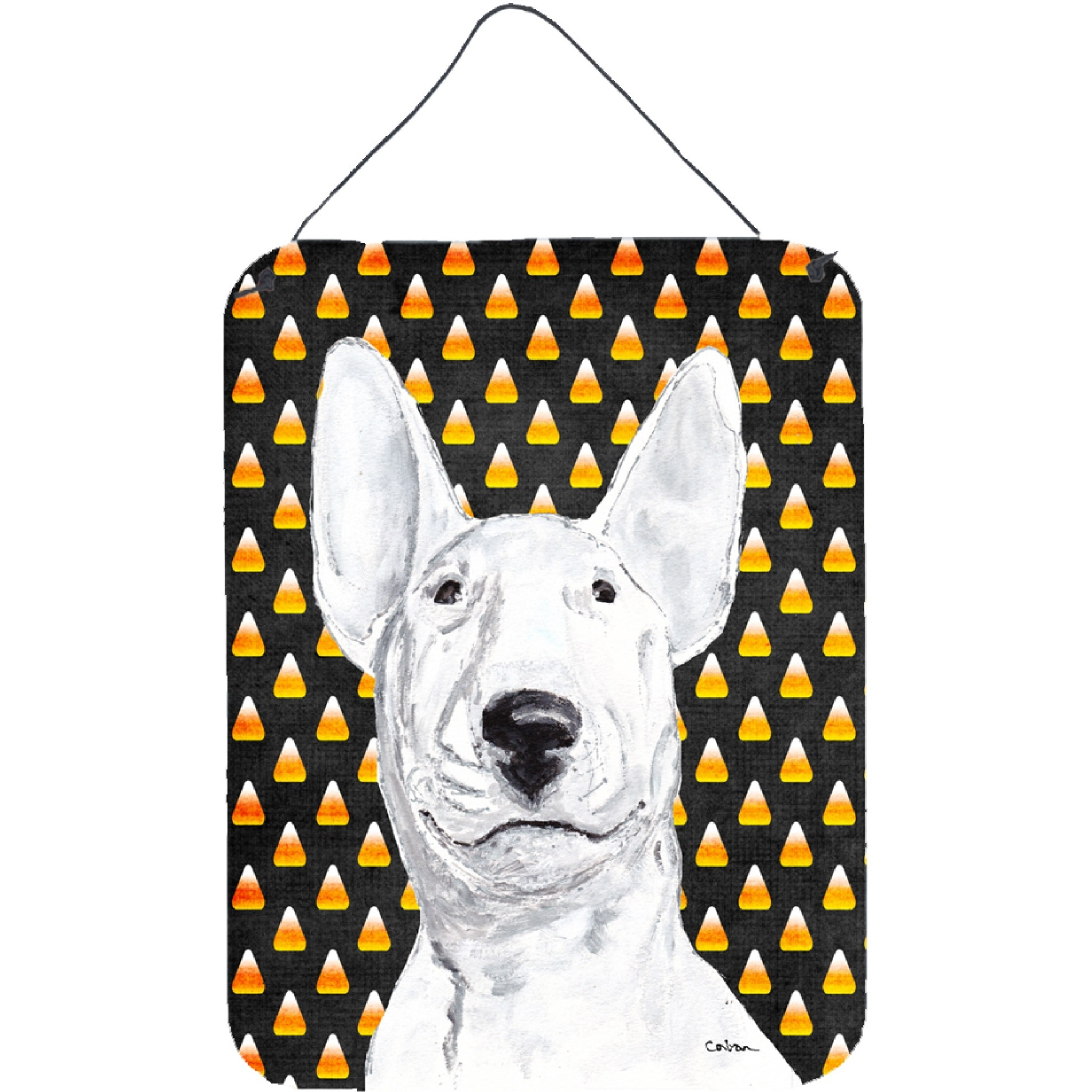 &quotCaroline's Treasures SC9534DS1216 Bull Terrier Halloween Candy Corn Aluminium Metal Wall or Door Hanging Prints, 16"" x 12"""