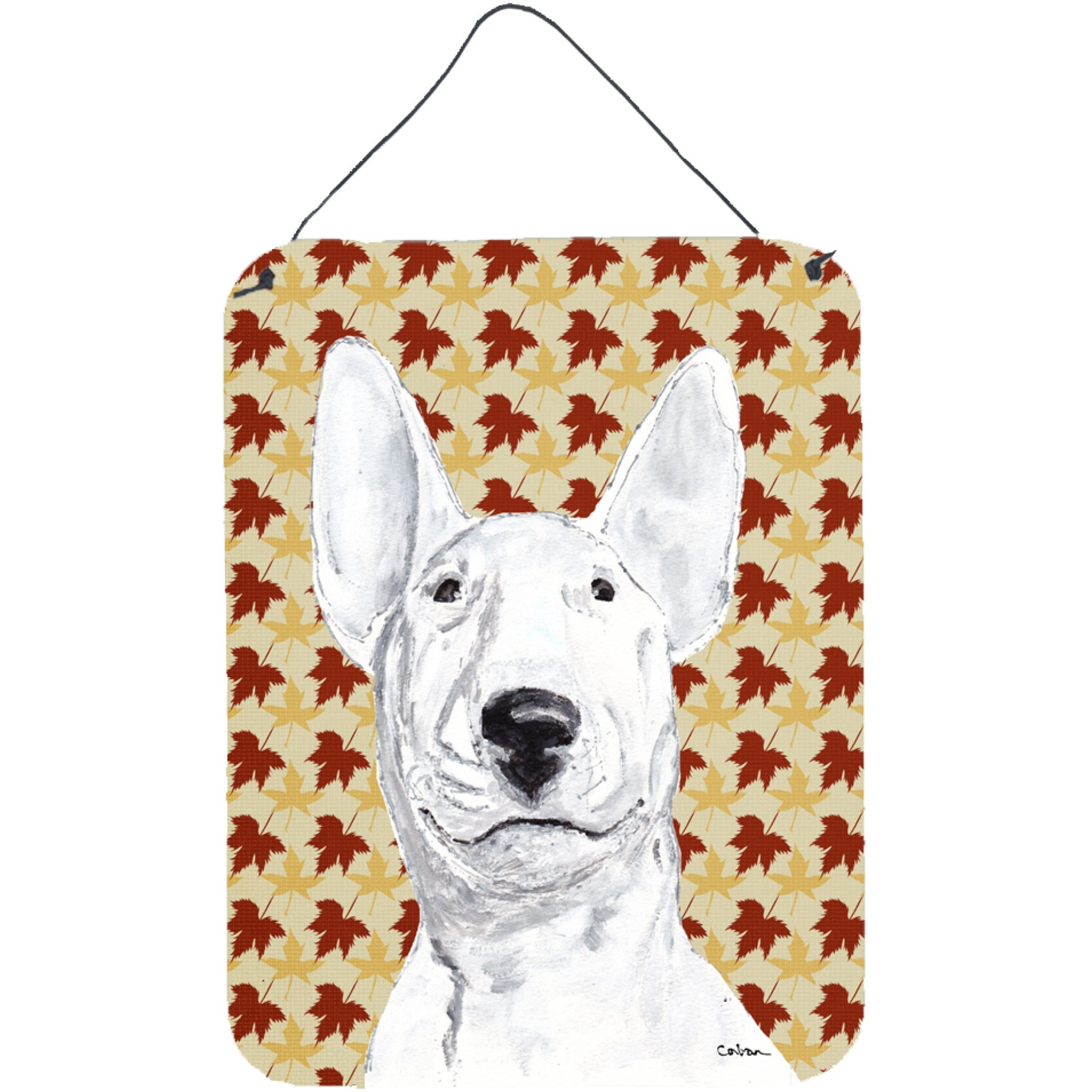 &quotCaroline's Treasures SC9548DS1216 Bull Terrier Fall Leaves Aluminium Metal Wall or Door Hanging Prints, 16"" x 12"""