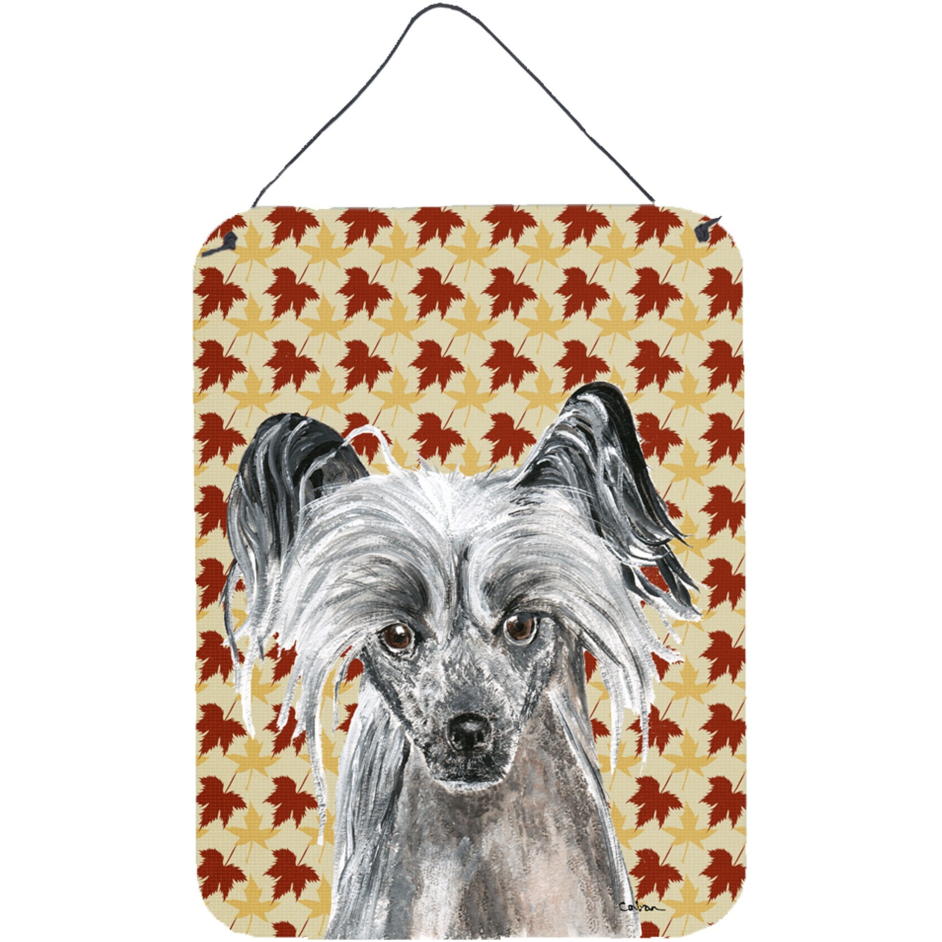 &quotCaroline's Treasures Chinese Crested Fall Leaves Aluminium Metal Wall or Door Hanging Prints, 16"" x 12"""