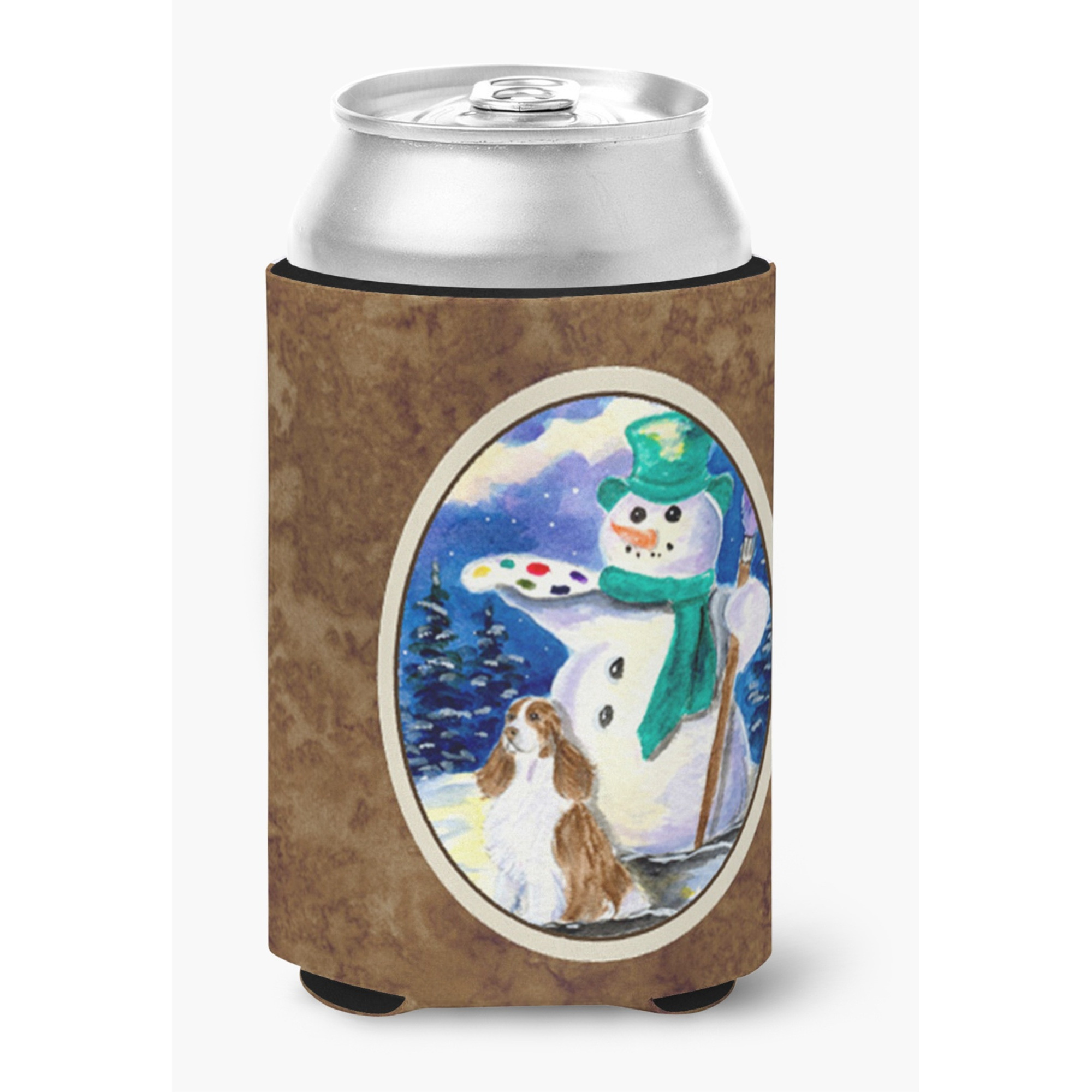 Artist Snowman with Springer Spaniel Can or Bottle Beverage Insulator Hugger