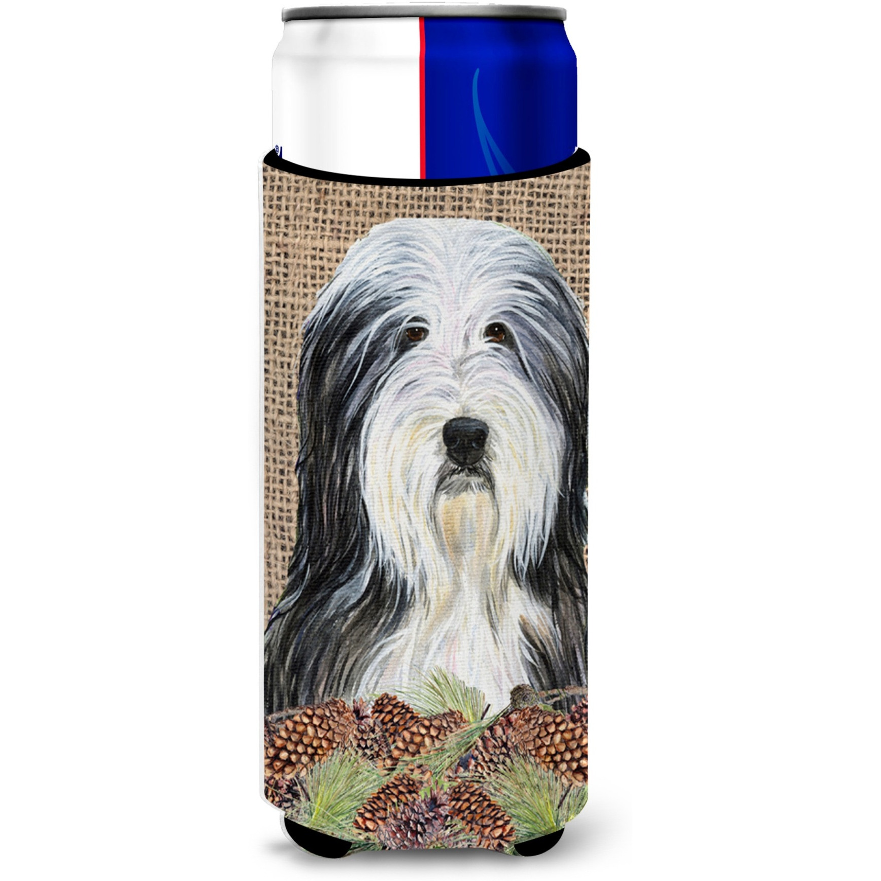 Bearded Collie on Faux Burlap with Pine Cones Ultra Beverage Insulators for slim cans SS4087MUK