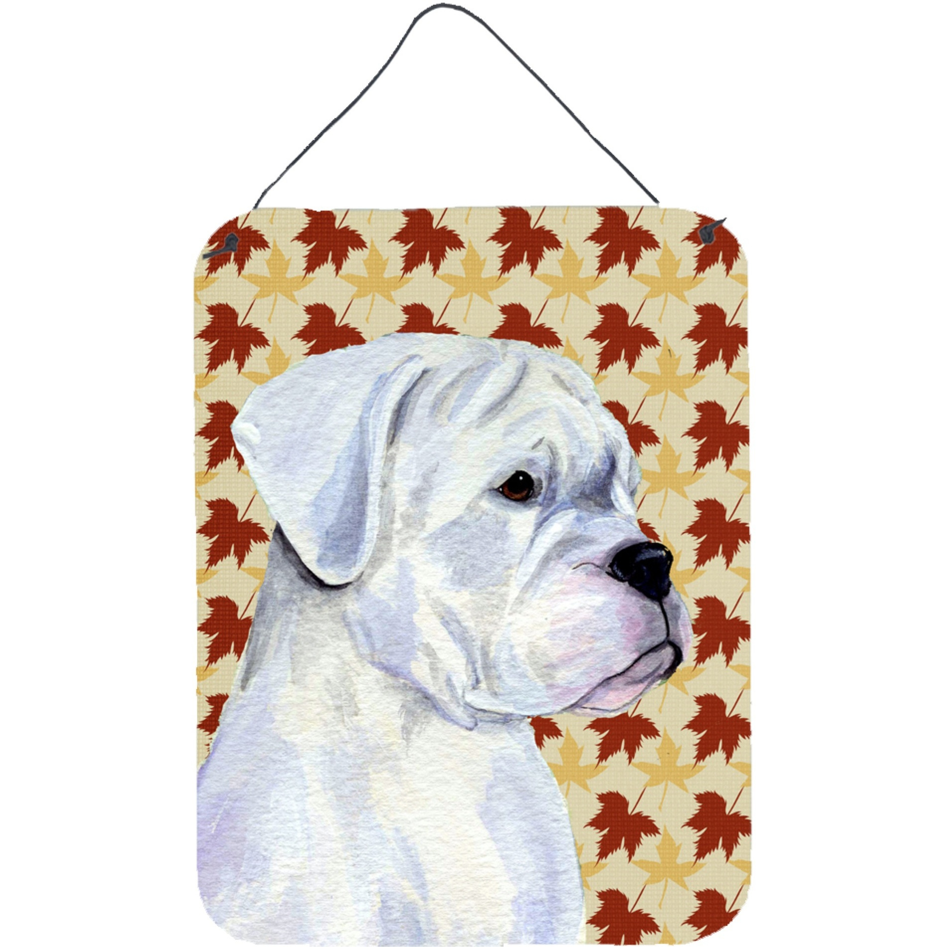 &quotCaroline's Treasures Boxer White Fall Leaves Portrait Aluminium Metal Wall or Door Hanging Prints, 16"" x 12"", Multicolor"