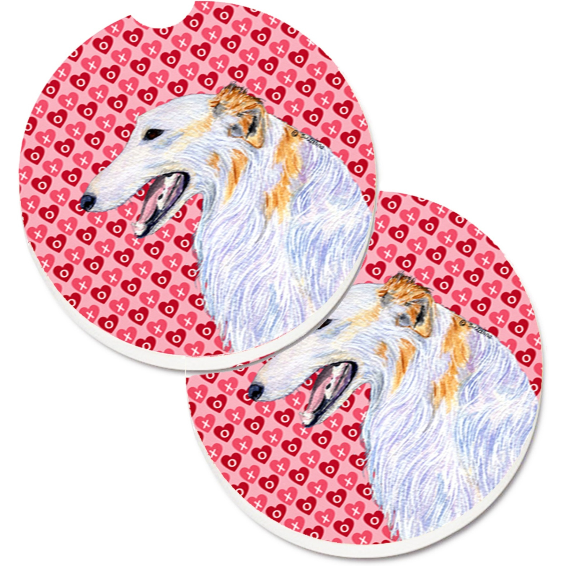 &quotCaroline's Treasures Borzoi Hearts Love & Valentine's Day Portrait Set of 2 Cup Holder Car Coasters SS4475CARC, 2.56, Multicolor"