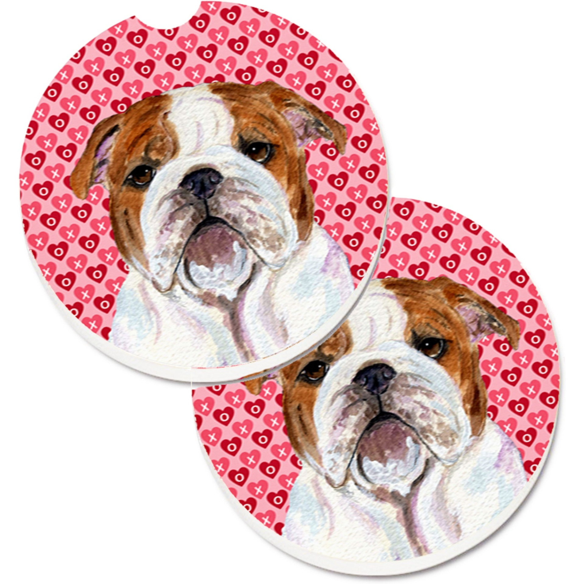 &quotCaroline's Treasures Bulldog English Hearts Love Valentine's Day Set of 2 Cup Holder Car Coasters SS4484CARC, 2.56, Multicolor"