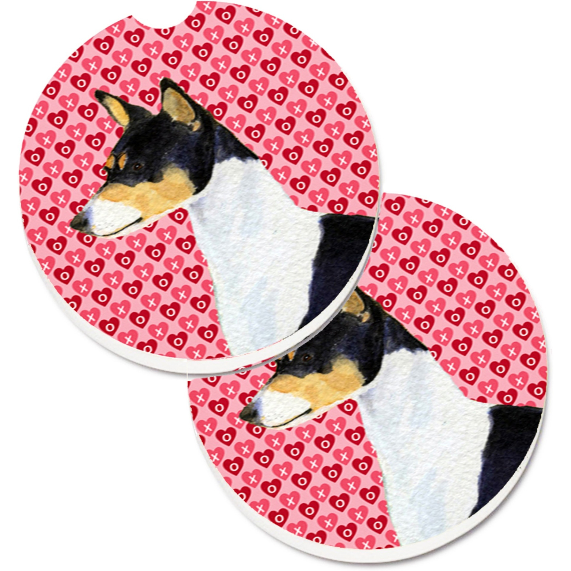 &quotCaroline's Treasures Basenji Hearts Love & Valentine's Day Portrait Set of 2 Cup Holder Car Coasters SS4514CARC, 2.56, Multicolor"