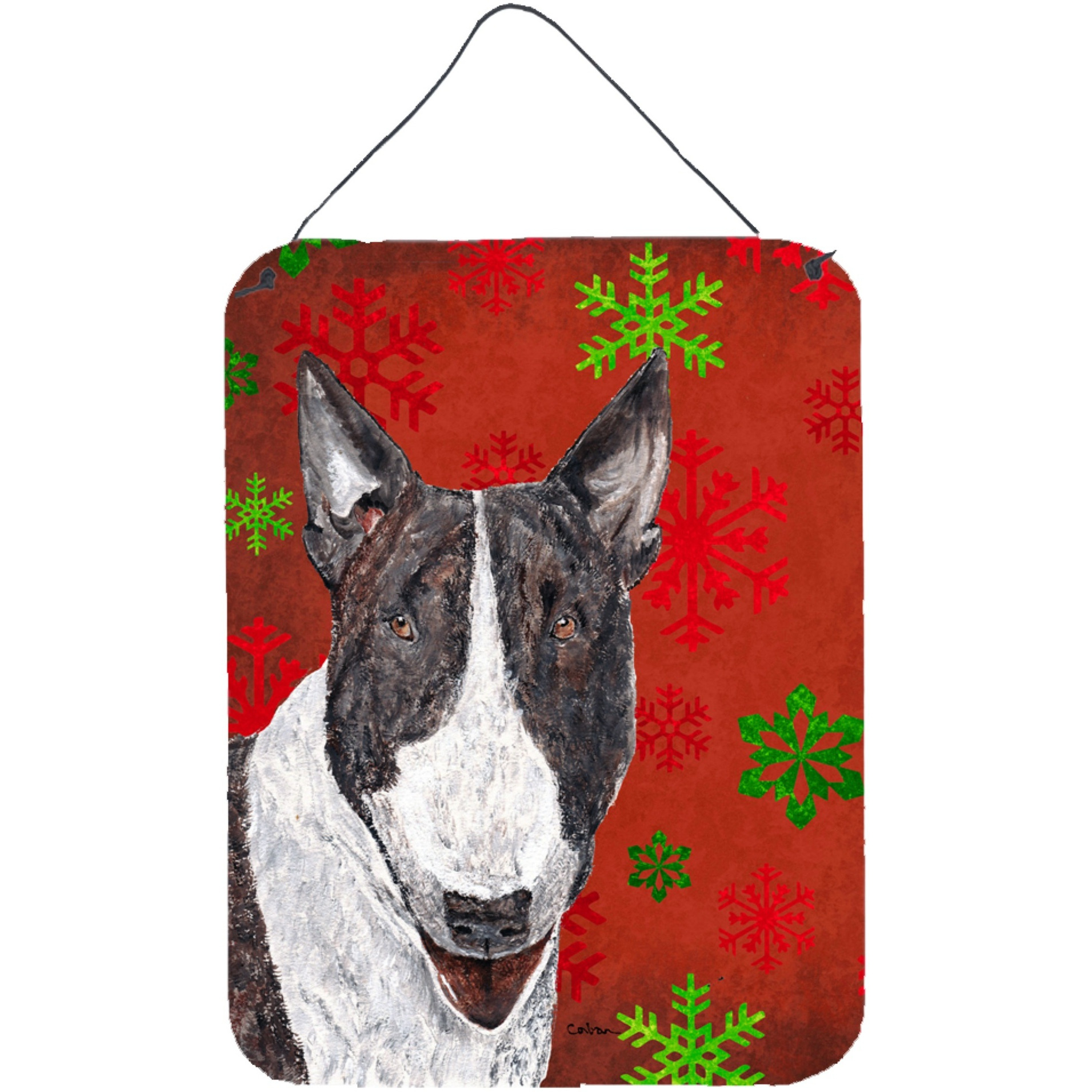 &quotCaroline's Treasures SC9589DS1216 Bull Terrier Red Snowflake Christmas Wall or Door Hanging Prints, 16"" x 12"""
