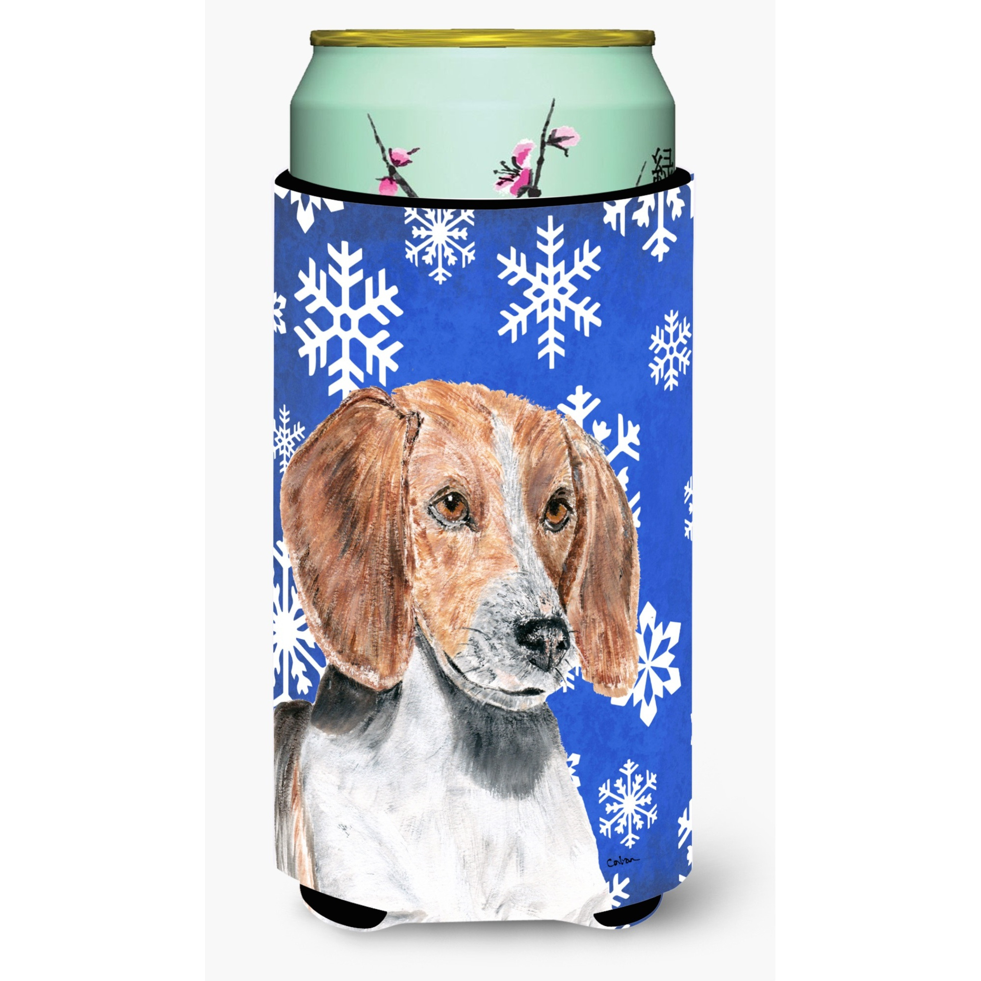 English Foxhound Blue Snowflake Winter Tall Boy Beverage Insulator Beverage Insulator Hugger