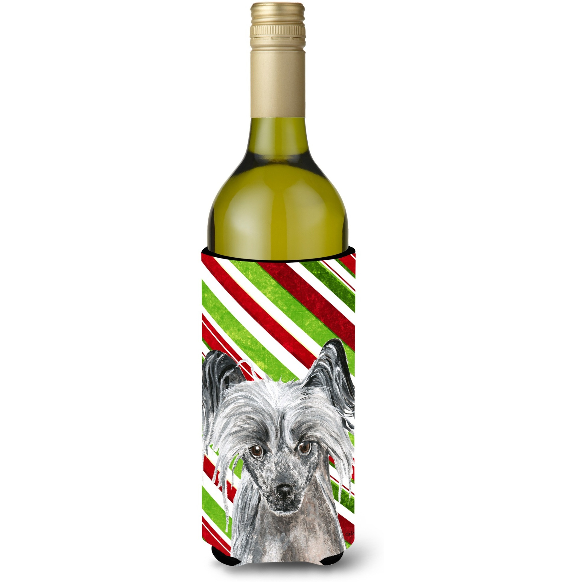 Chinese Crested Candy Cane Christmas Wine Bottle Beverage Insulator Beverage Insulator Hugger