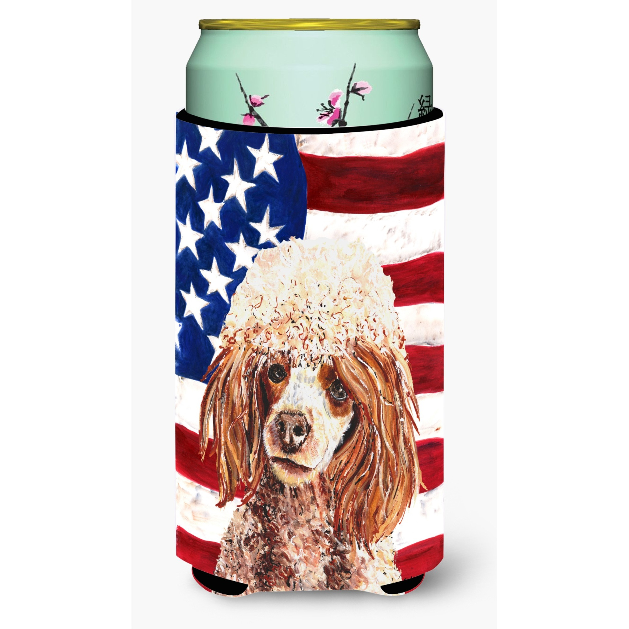 Red Miniature Poodle with American Flag USA Tall Boy Beverage Insulator Hugger SC9627TBC