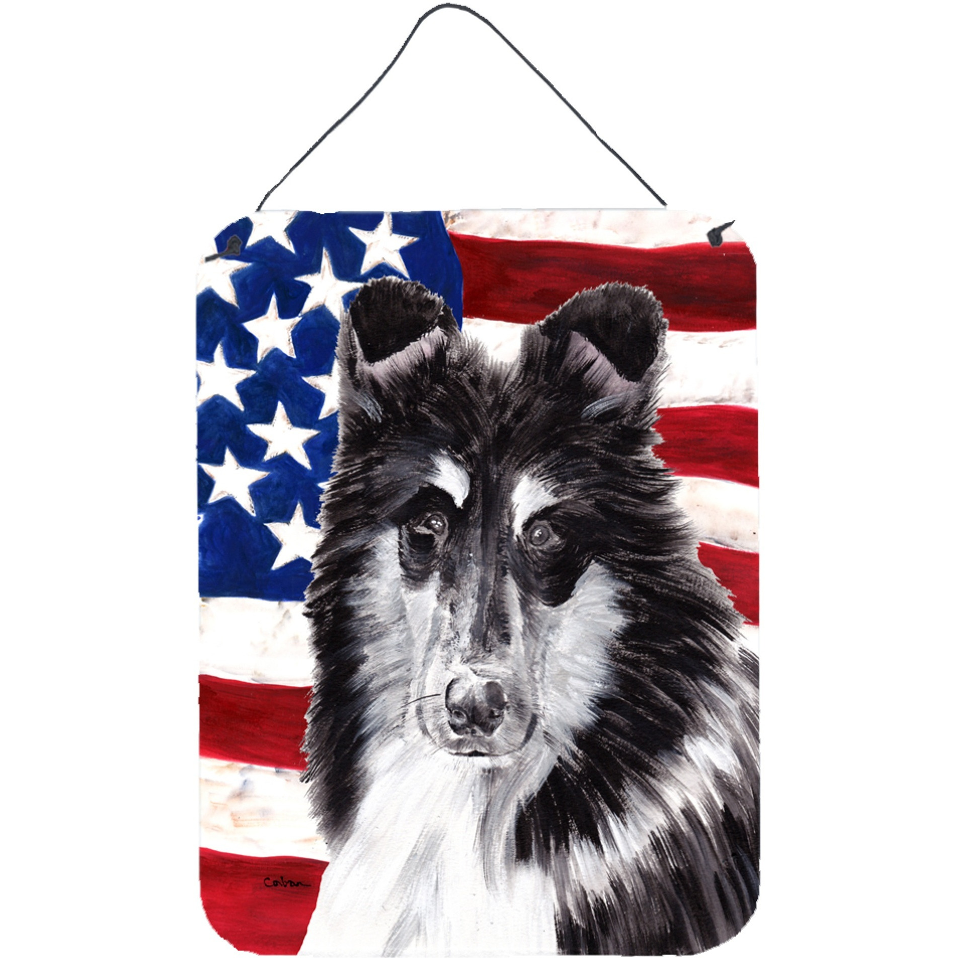 &quotCaroline's Treasures Black and White Collie with American Flag Usa Wall or Door Hanging Prints, 16"" x 12"""
