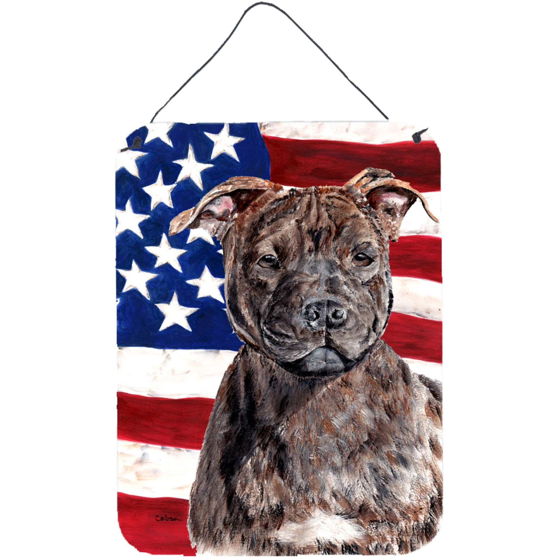 &quotCaroline's Treasures SC9633DS1216 Staffordshire Bull Terrier Staffie with American Flag Usa Wall or Door Hanging Prints, 16"" x 12"""