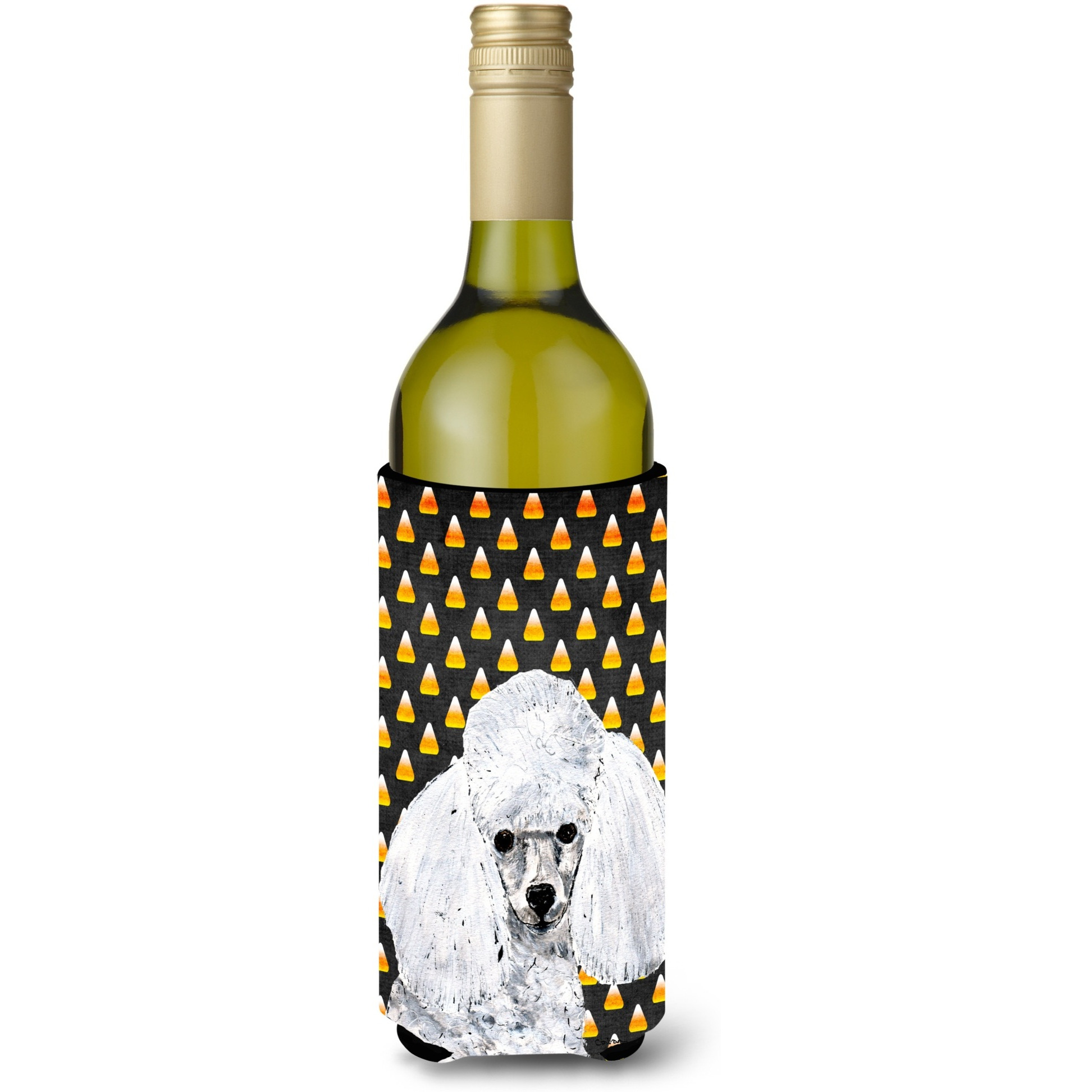 White Toy Poodle Candy Corn Halloween Wine Bottle Beverage Insulator Hugger SC9653LITERK