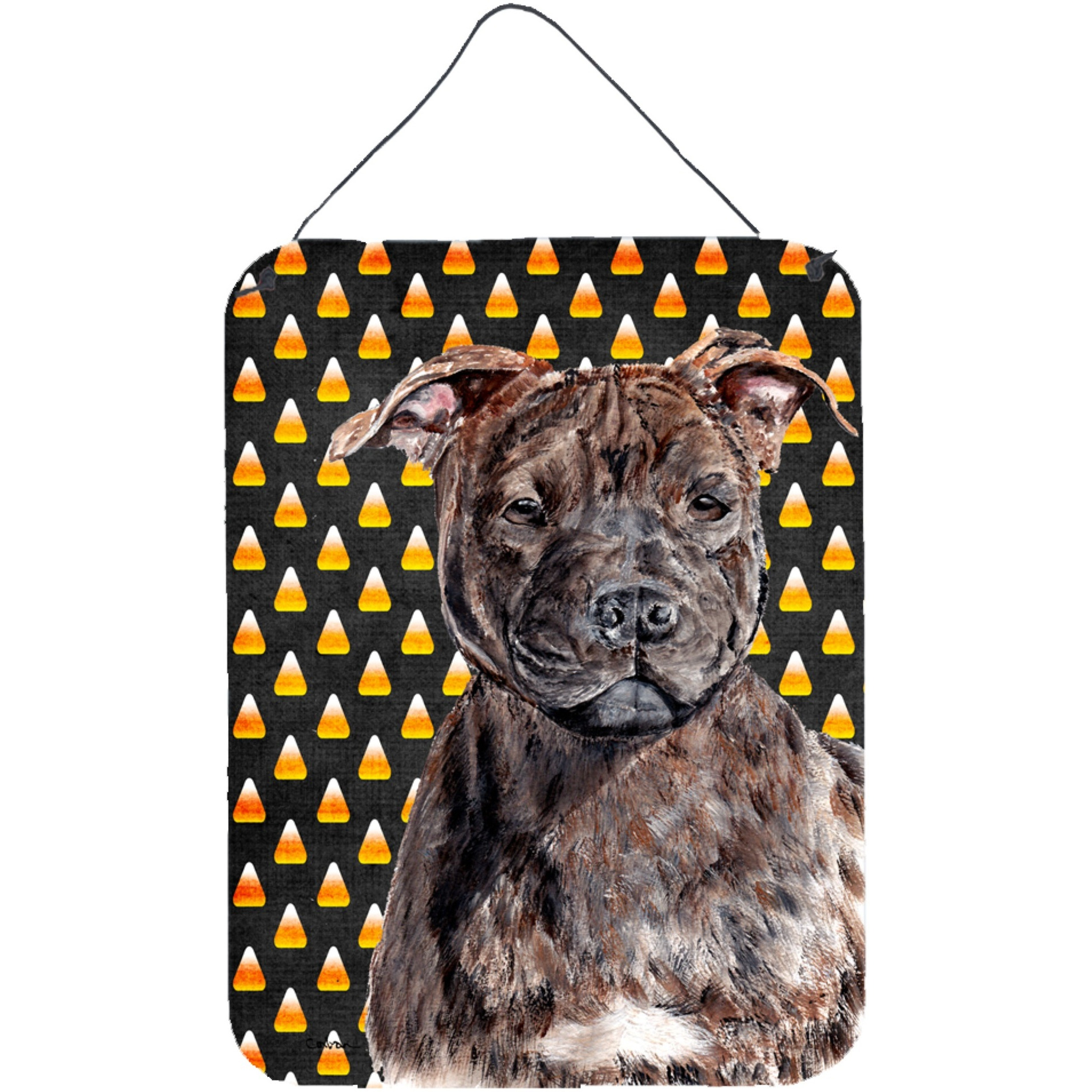 &quotCaroline's Treasures SC9657DS1216 Staffordshire Bull Terrier Staffie Candy Corn Halloween Wall or Door Hanging Prints, 16"" x 12"""