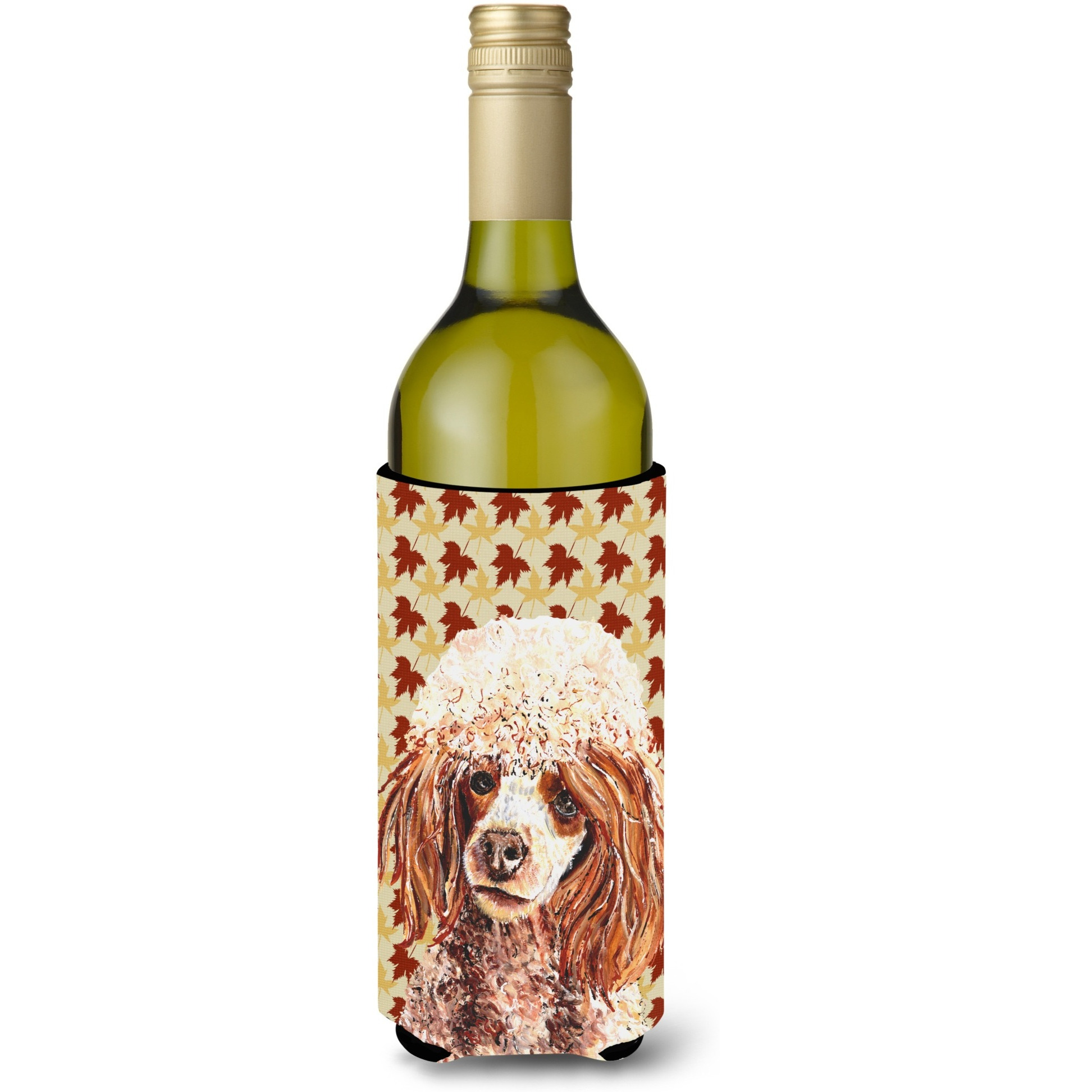 Red Miniature Poodle Fall Leaves Wine Bottle Beverage Insulator Hugger SC9675LITERK