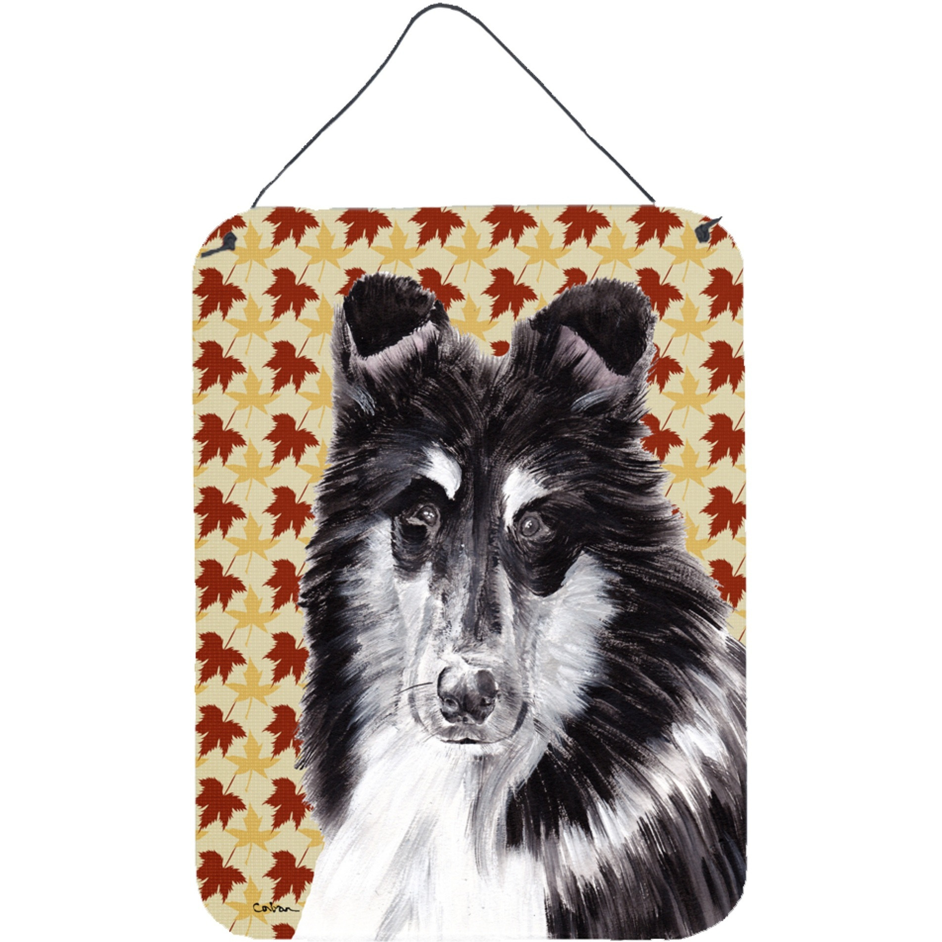 &quotCaroline's Treasures Black and White Collie Fall Leaves Wall or Door Hanging Prints, 16"" x 12"""