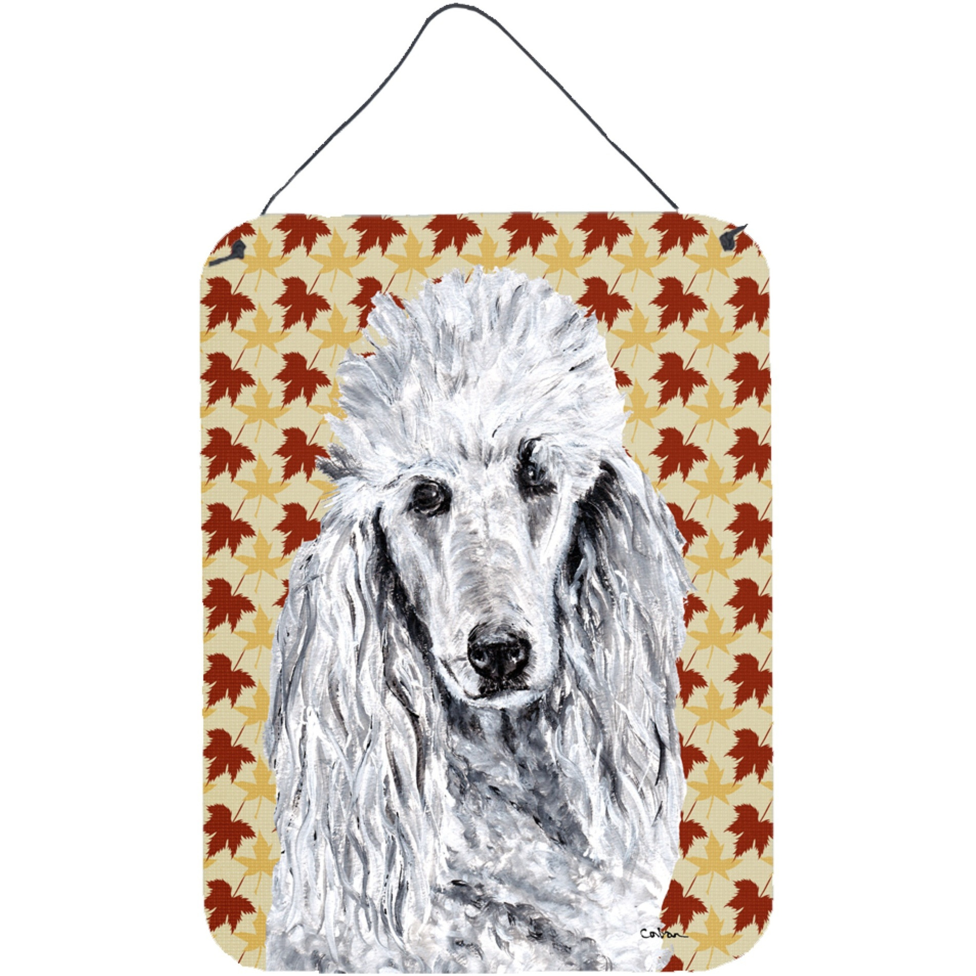 &quotCaroline's Treasures White Standard Poodle Fall Leaves Wall or Door Hanging Prints, 16"" x 12"""