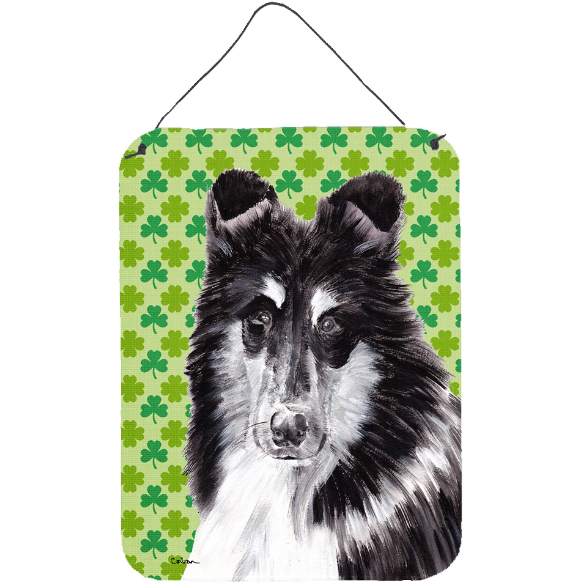 &quotCaroline's Treasures Black and White Collie Lucky Shamrock St. Patrick's Day Wall or Door Hanging Prints, 16"" x 12"""