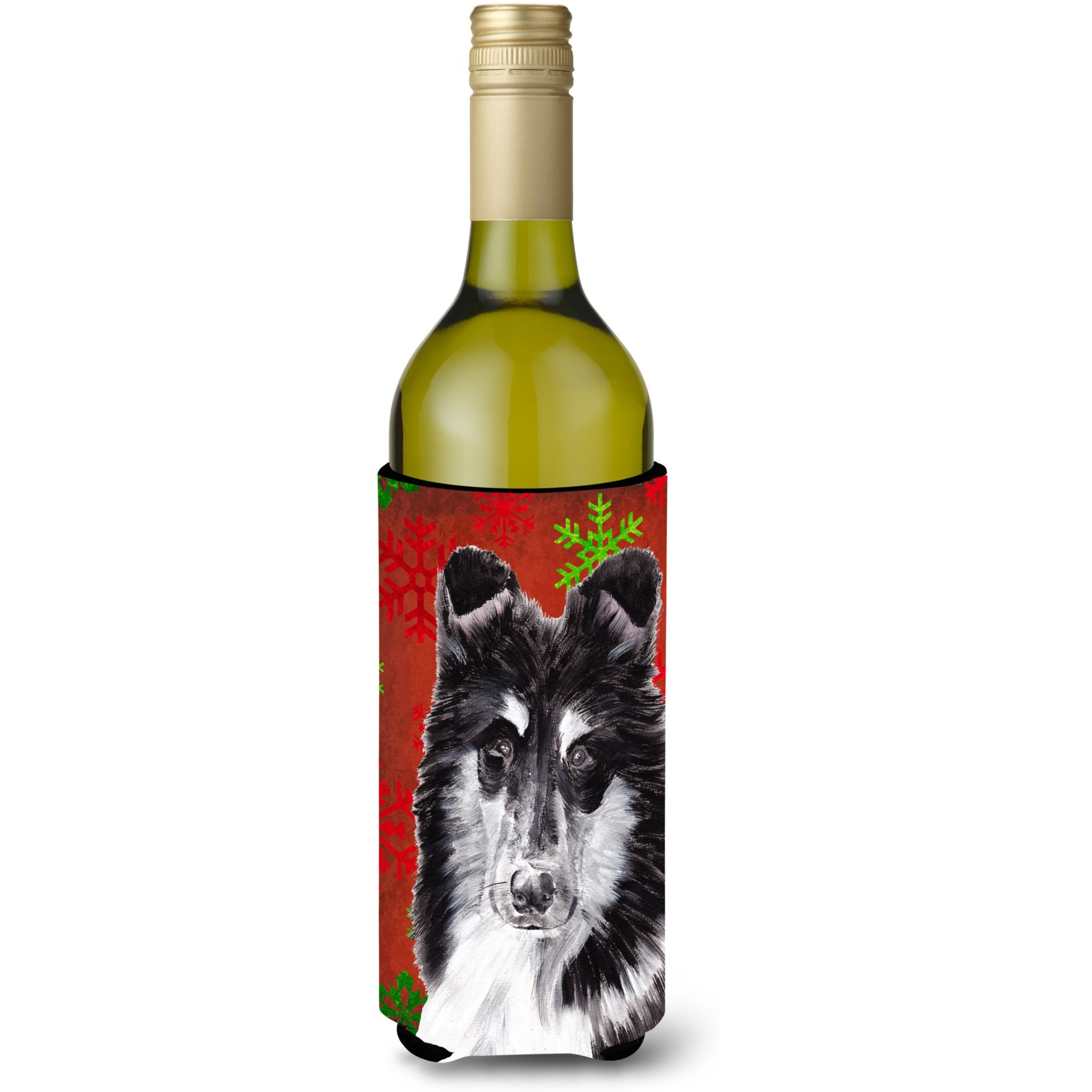 Black and White Collie Red Snowflakes Holiday Wine Bottle Beverage Insulator Hugger SC9750LITERK
