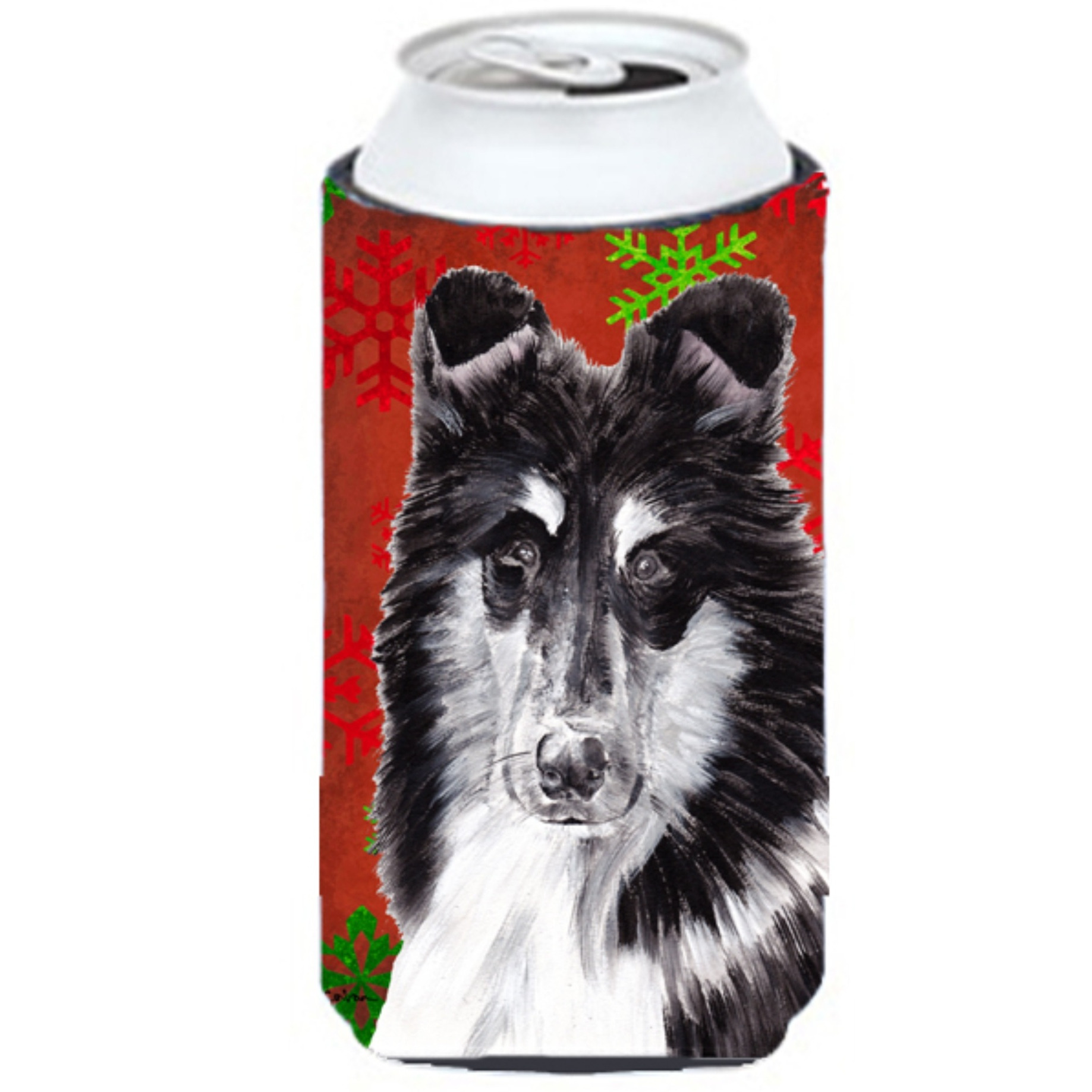 Black and White Collie Red Snowflakes Holiday Tall Boy Beverage Insulator Hugger SC9750TBC