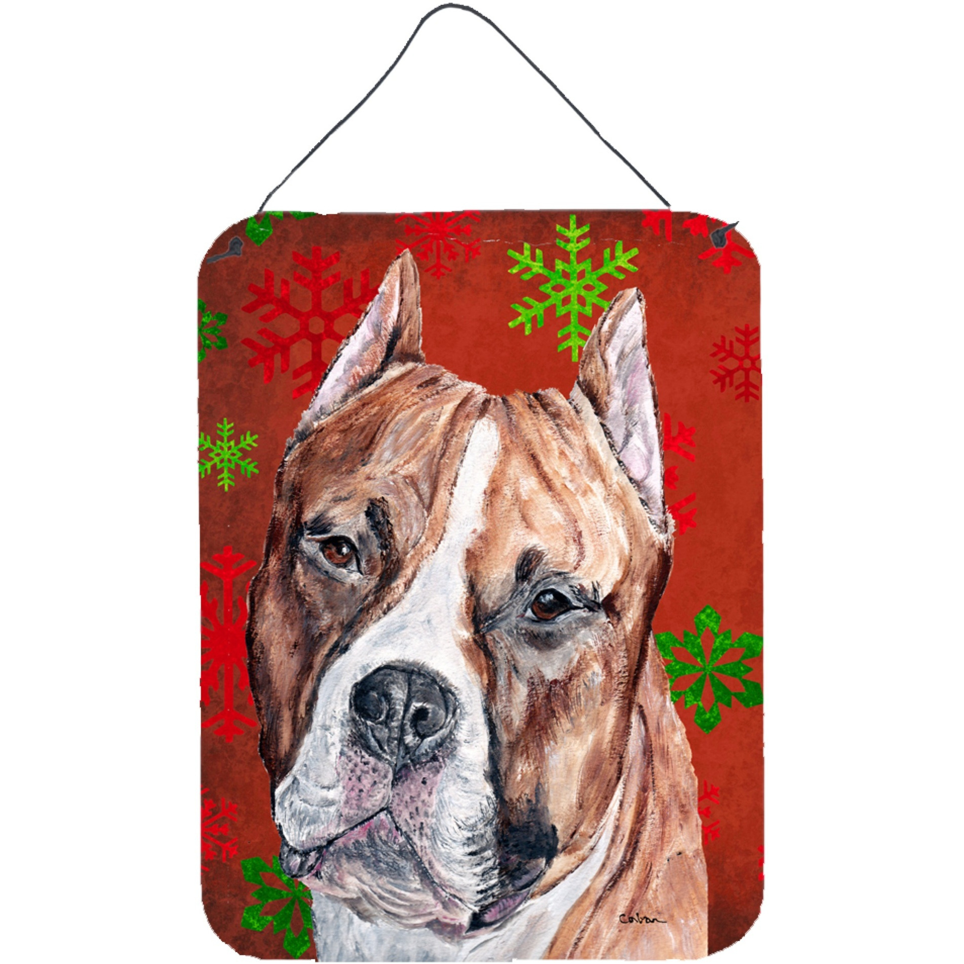 &quotCaroline's Treasures SC9752DS1216 Staffordshire Bull Terrier Staffie Red Snowflakes Holiday Wall or Door Hanging Prints, 16"" x 12"""