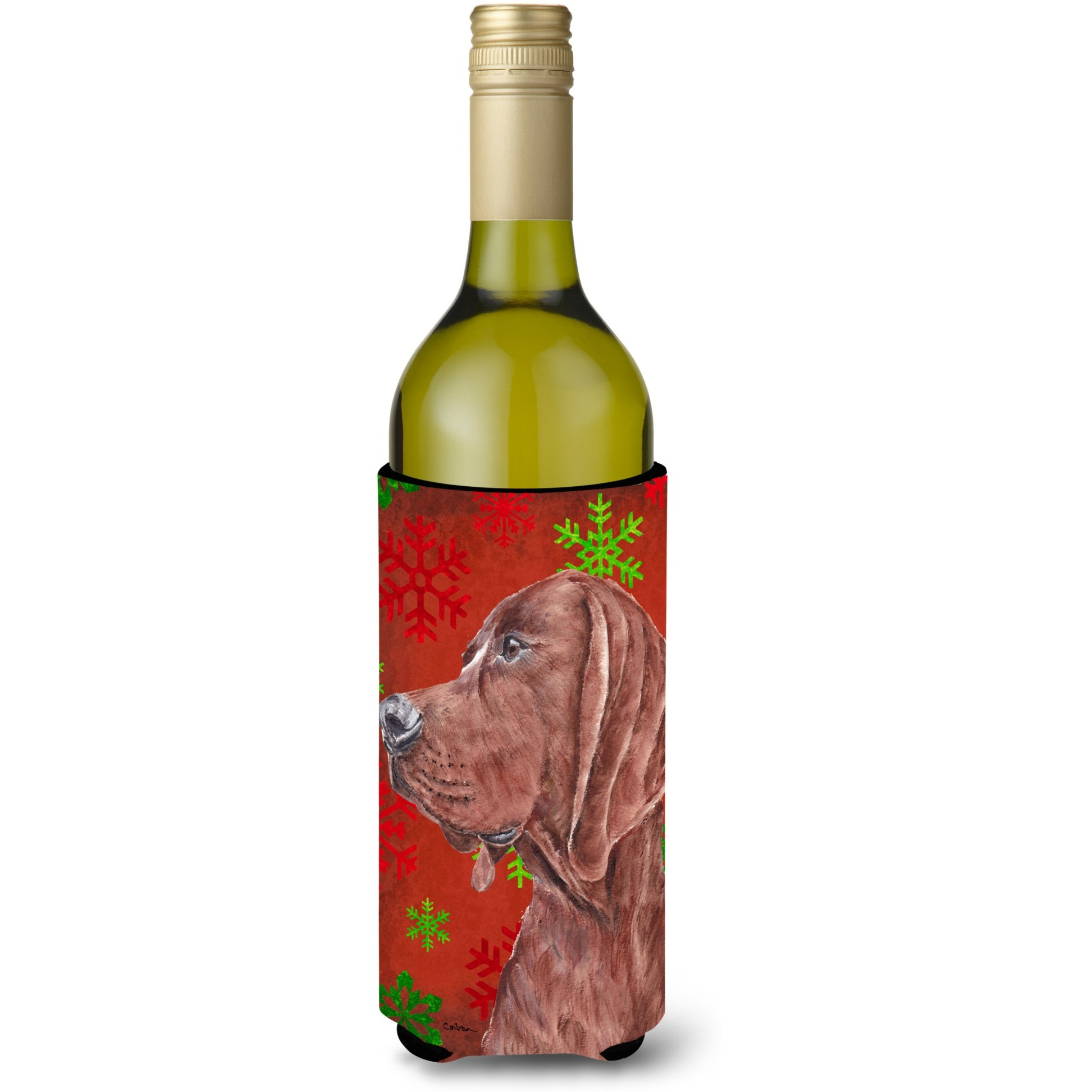 Redbone Coonhound Red Snowflakes Holiday Wine Bottle Beverage Insulator Hugger SC9755LITERK