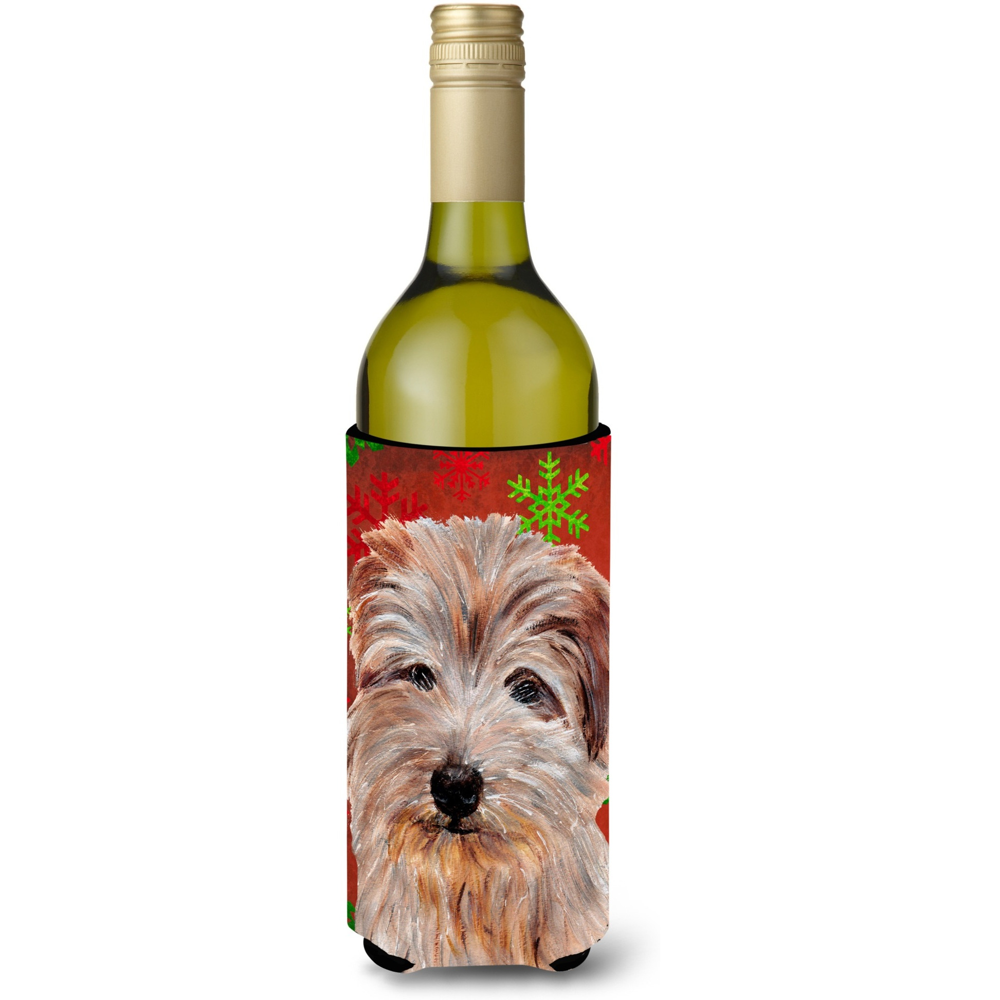 Norfolk Terrier Red Snowflakes Holiday Wine Bottle Beverage Insulator Hugger SC9760LITERK